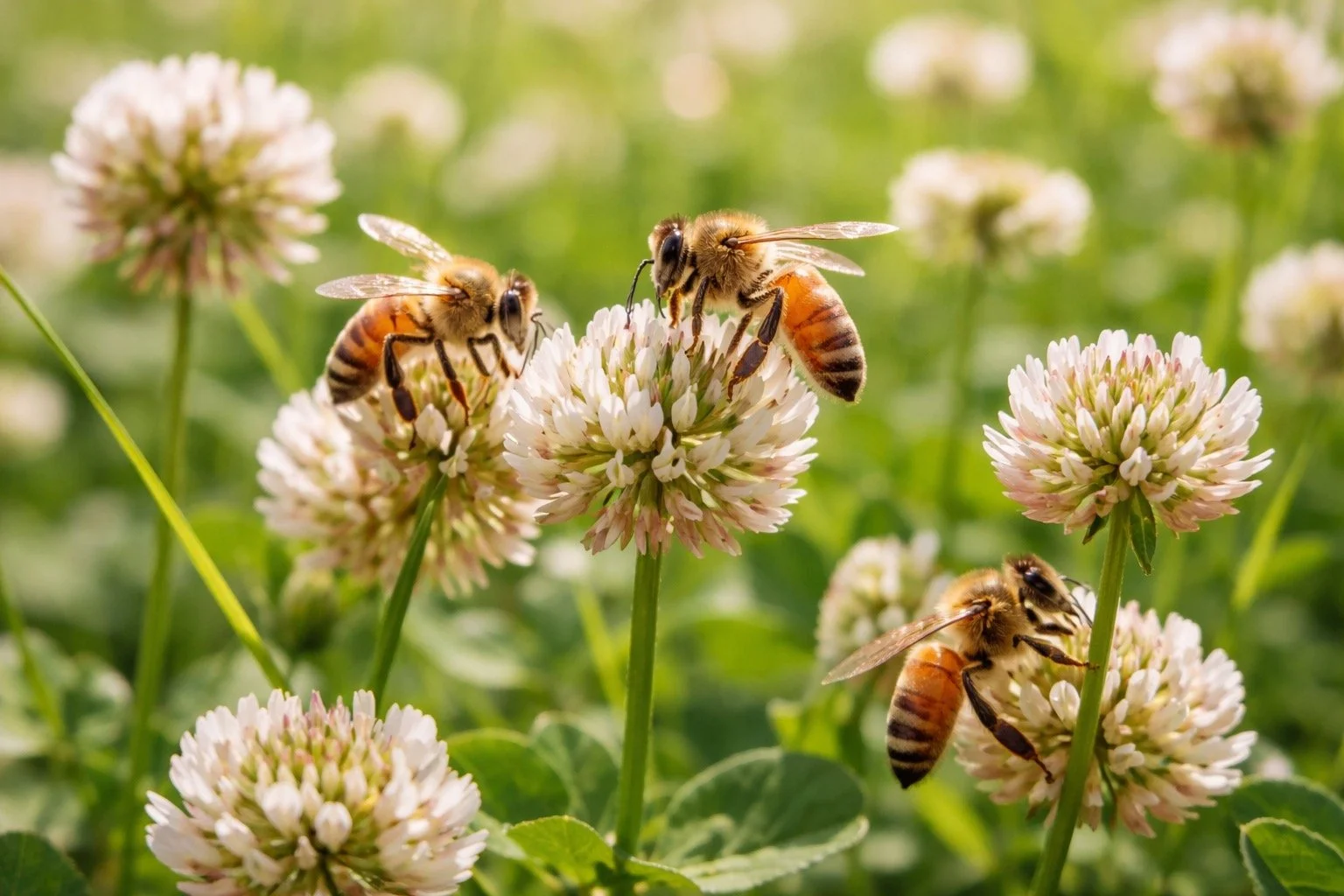 Close-up of honey bees collecting nectar from pink and white clover flowers in a green field.