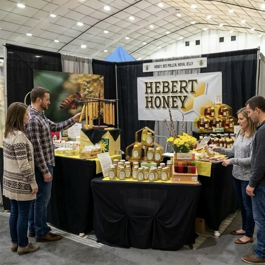 Booth selling Hebert Honey products, including honey jars, honeycomb, and honey sticks, with signs indicating honey varieties like honey, bee pollen, royal jelly, and a bee hive display.