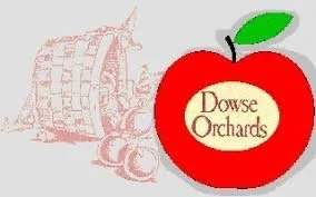 Red apple with a green leaf and a logo that says Dowse Orchards inside the apple.