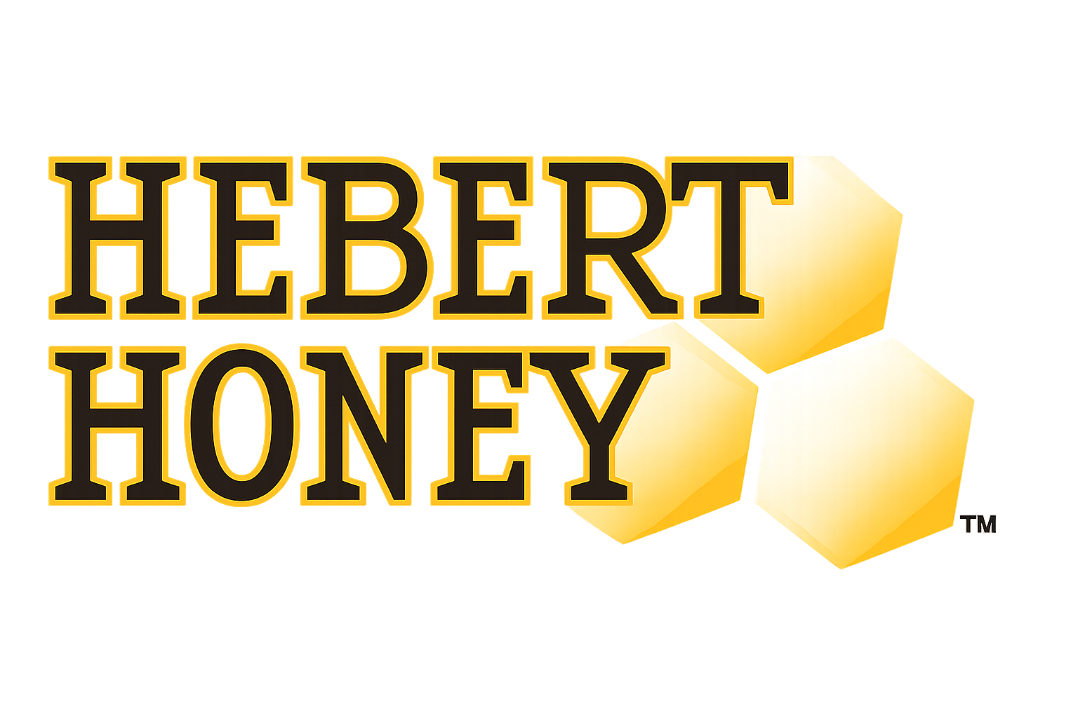 Logo for 'Hebert Honey' with black text on a yellow background, featuring stylized honeycomb shapes.