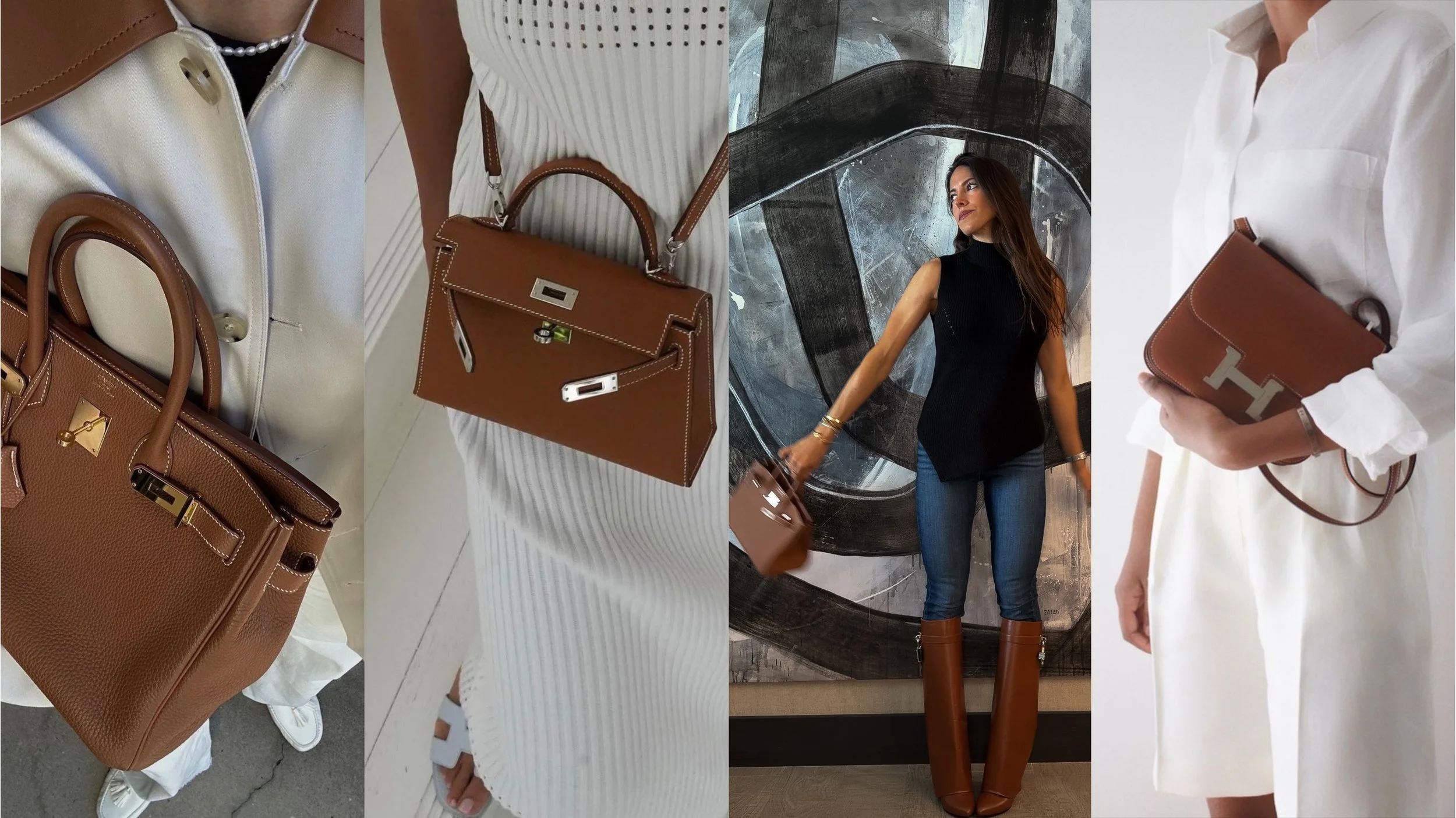 Hermès Kelly and Birkin bags in Gold leather styled with casual and elegant outfits, highlighting Hermès' signature caramel color.