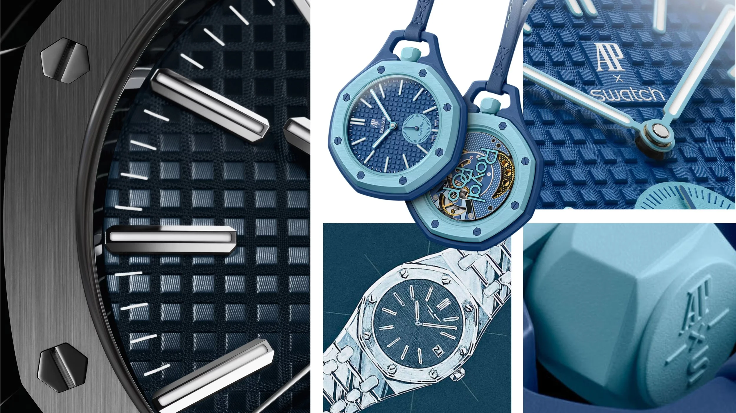 Close-up details of the Audemars Piguet x Swatch Royal Pop collection showcasing the Royal Oak-inspired octagonal bezel, textured dial, and wearable accessory design.