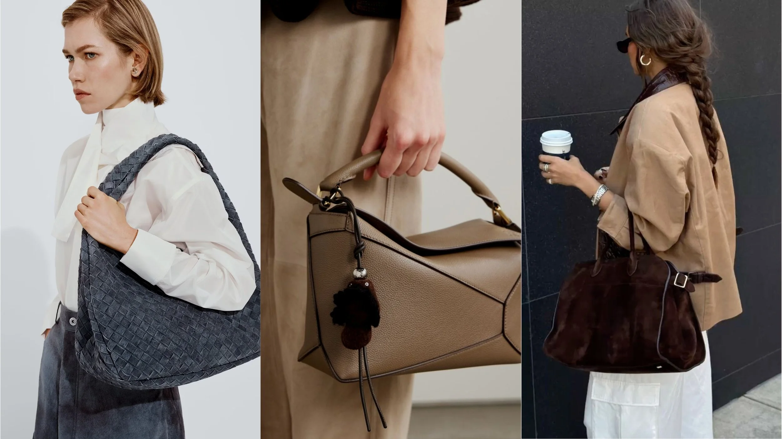 Luxury designer handbags from Bottega Veneta, Loewe, and The Row styled together with no visible logos, showcasing the quiet luxury handbag trend of 2026.