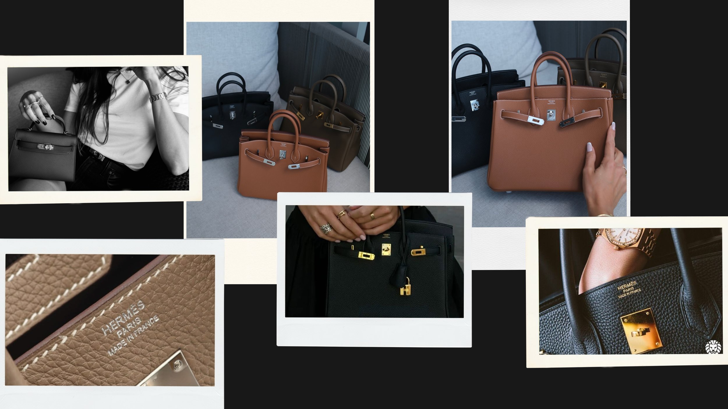 Hermès Birkin and Kelly bags in Gold, Etoupe, and Noir displayed together, highlighting different leather textures, hardware, and classic neutral colors.