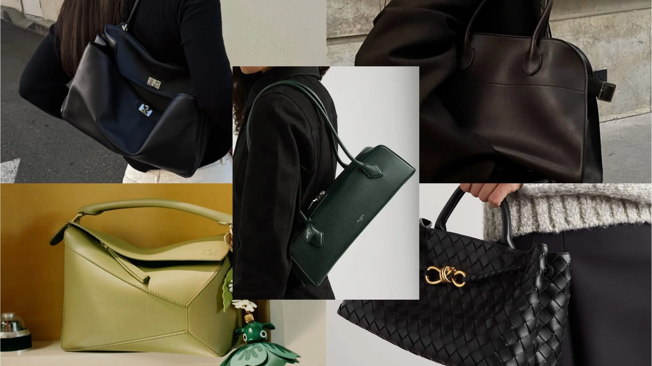 Collage of luxury handbags from Loewe, Bottega Veneta, and The Row featuring minimal logos, soft leather, and understated quiet luxury design.