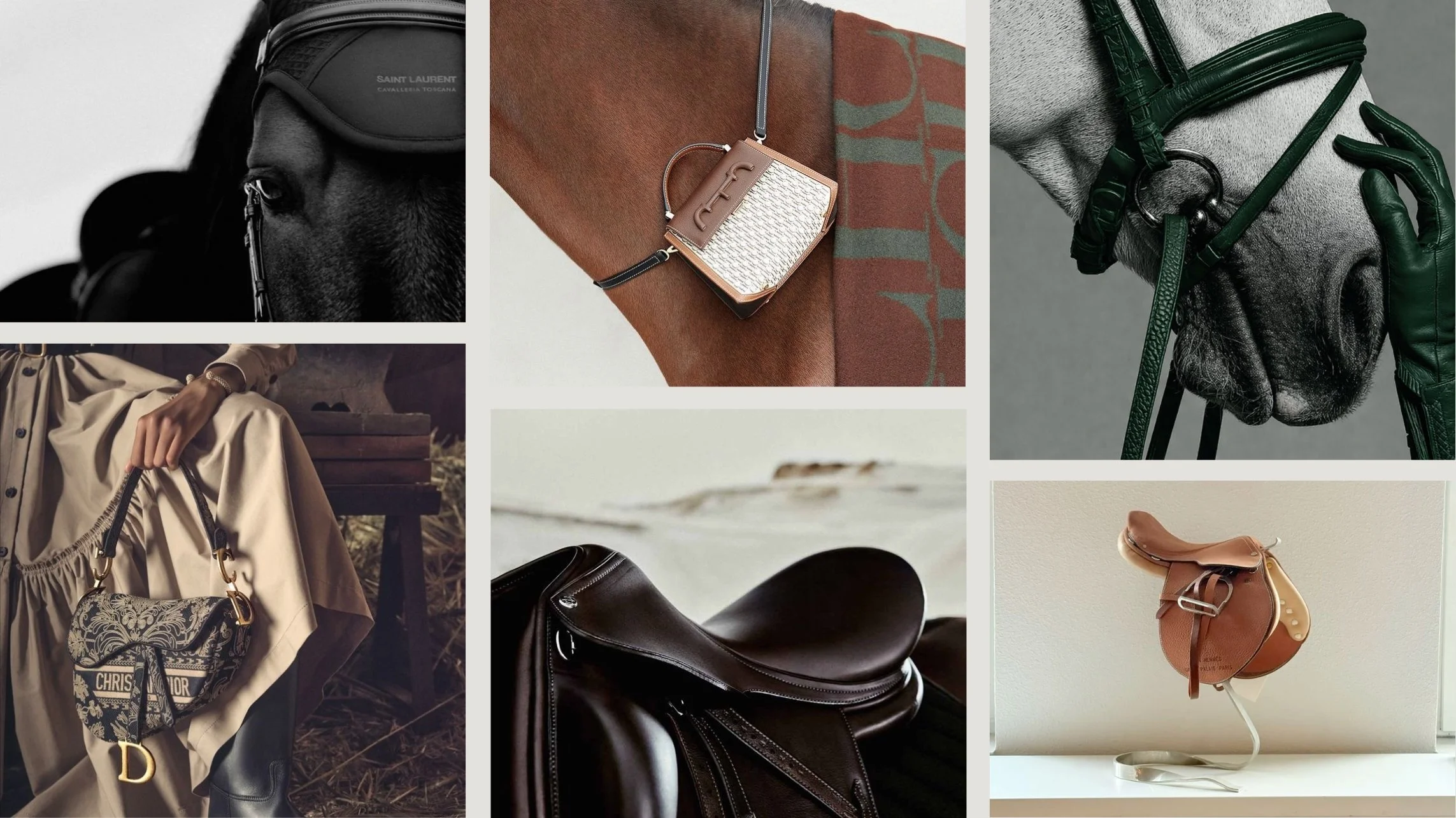 Luxury fashion inspired by equestrian heritage featuring saddles, horses, leather craftsmanship, and iconic designer handbag imagery