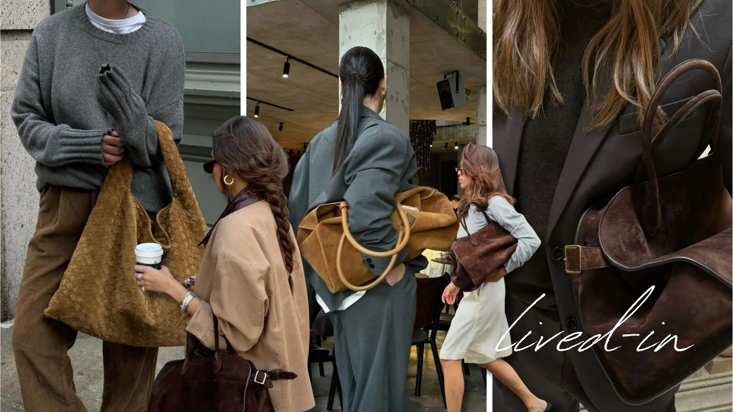 Editorial collage featuring oversized suede luxury handbags in camel and deep brown tones styled with relaxed knitwear, tailoring, and everyday outfits, highlighting the lived-in suede bag trend in luxury fashion.