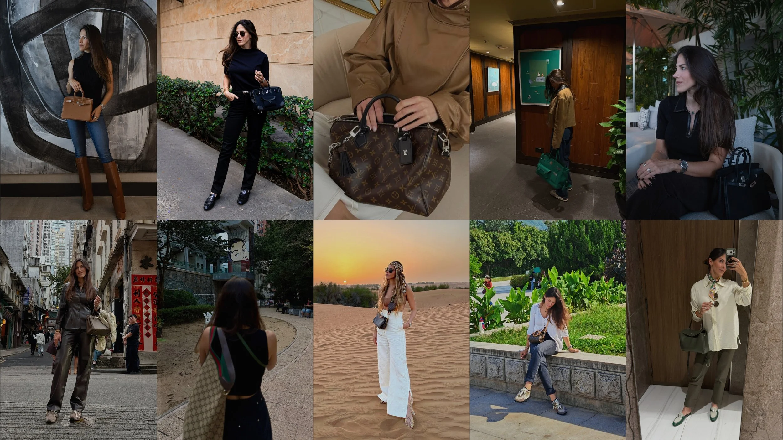 Collage of Barbara Jarrin styling some of her favorite designer handbags including multiple Hermès Birkin bags, Louis Vuitton Speedy bags, Gucci tote bags, and the Balenciaga Rodeo in different travel, city, and everyday lifestyle settings.
