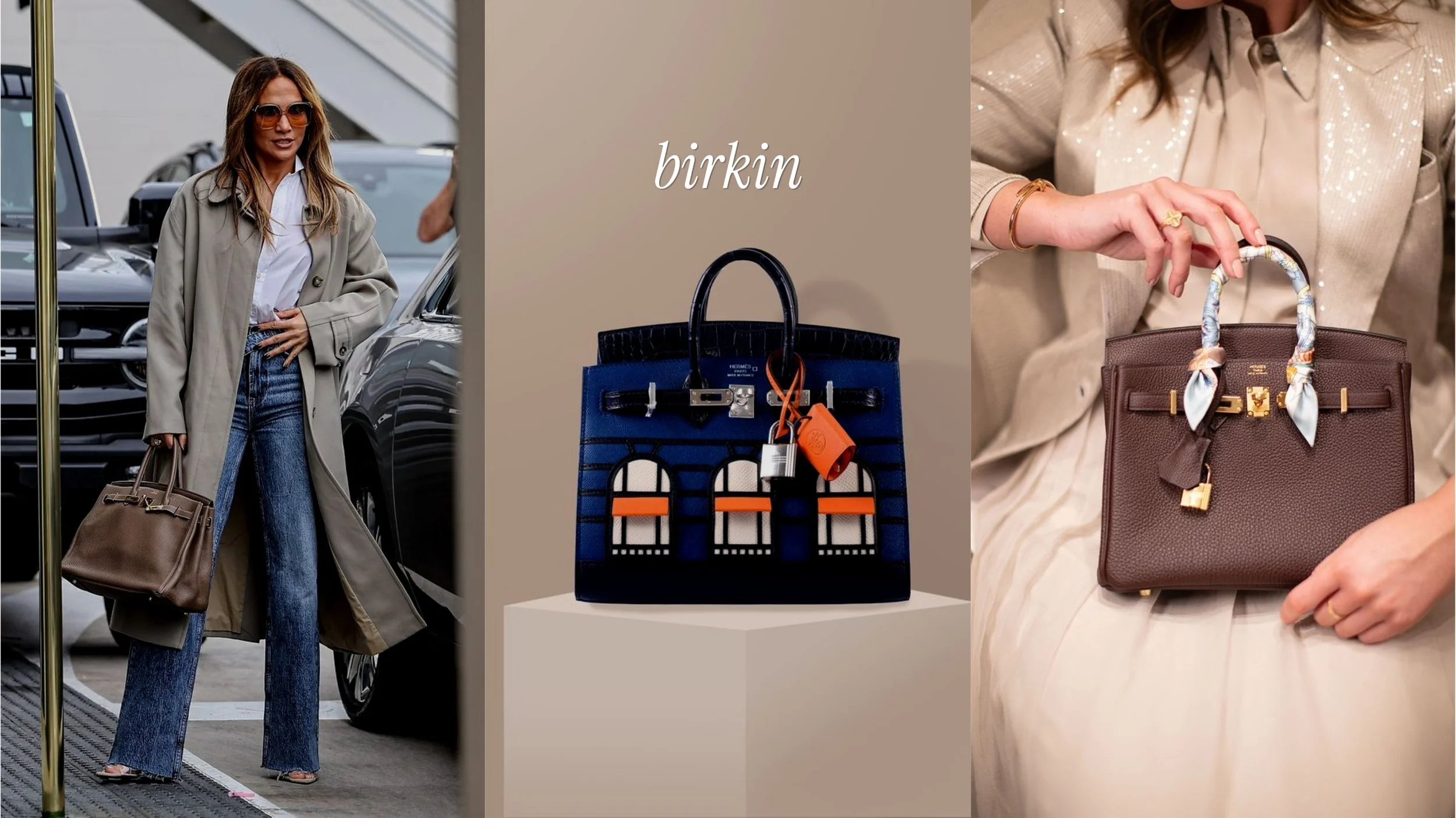 Hermès Birkin handbags in different sizes and neutral leather colors styled as the world’s most iconic luxury bag