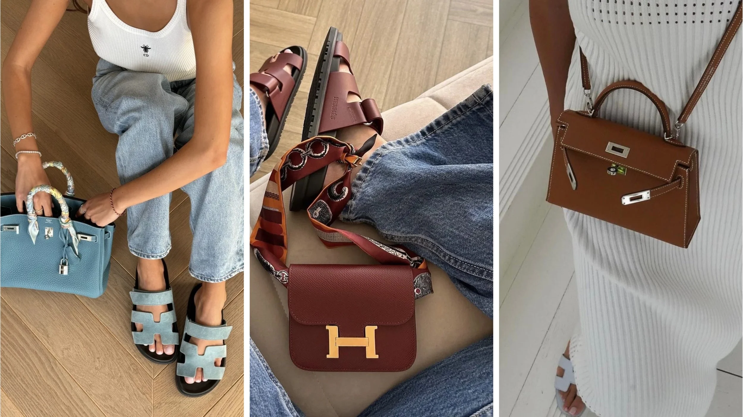 Minimal summer style with statement designer bags, including a blue Hermès Birkin, Hermès Constance, and Kelly bag paired with sandals and denim.