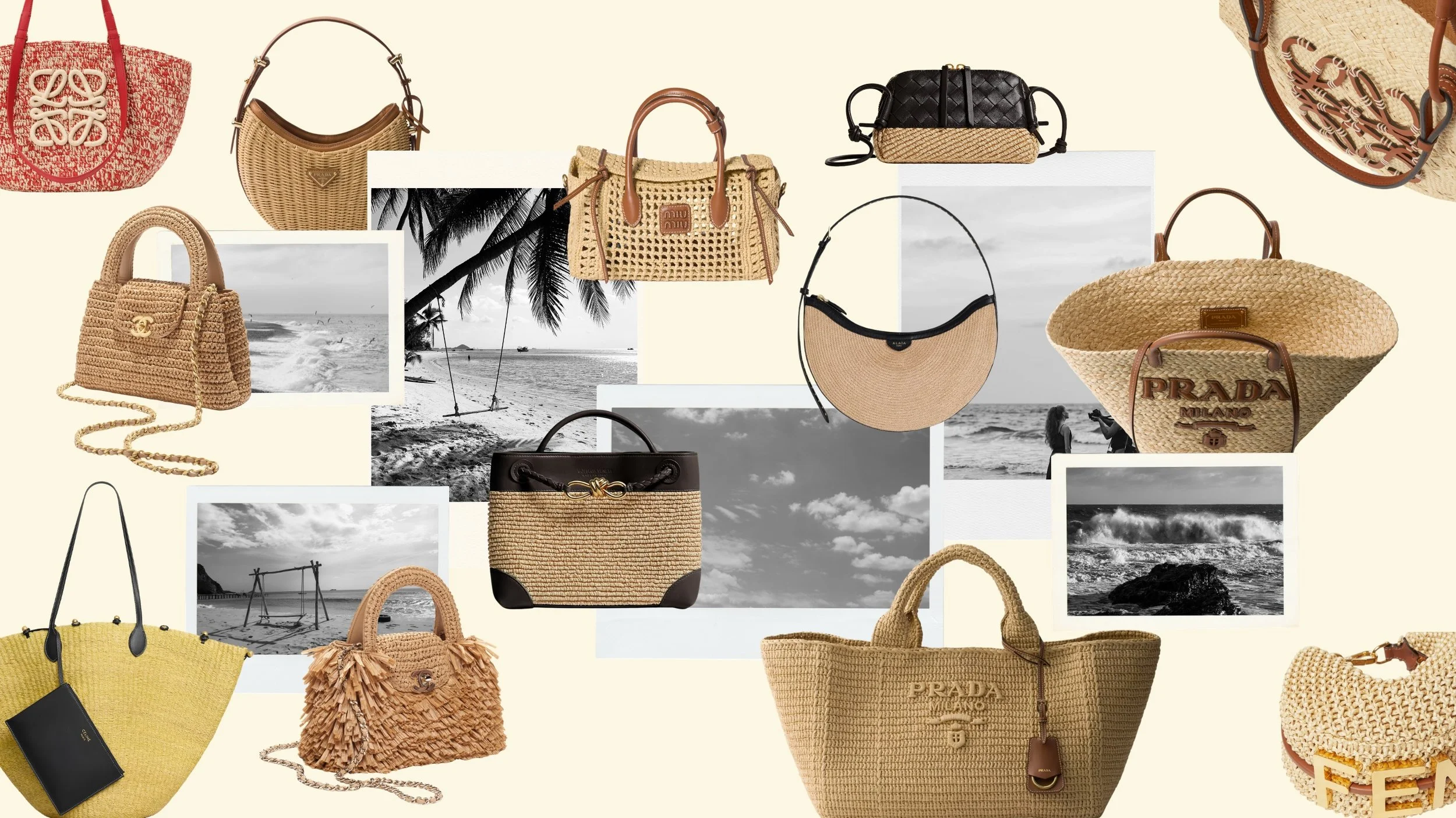 Editorial collage featuring luxury summer designer bags in raffia, crochet, wicker, and woven textures from brands like Chanel, Prada, Loewe, Alaïa, and Miu Miu for Summer 2026.