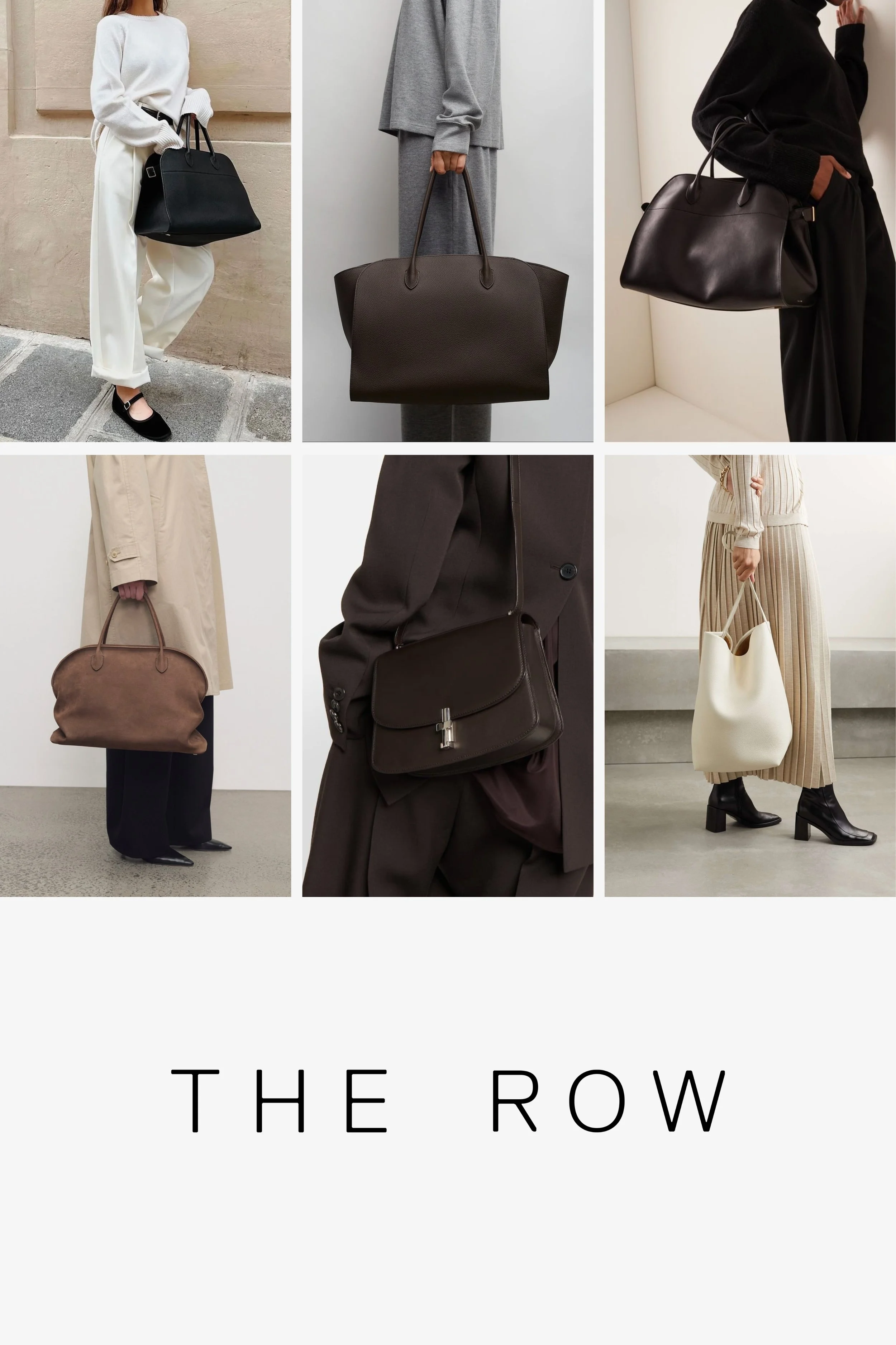 Collage featuring The Row quiet luxury handbags in 2026, including soft leather tote bags and minimalist designer shoulder bags in neutral tones.