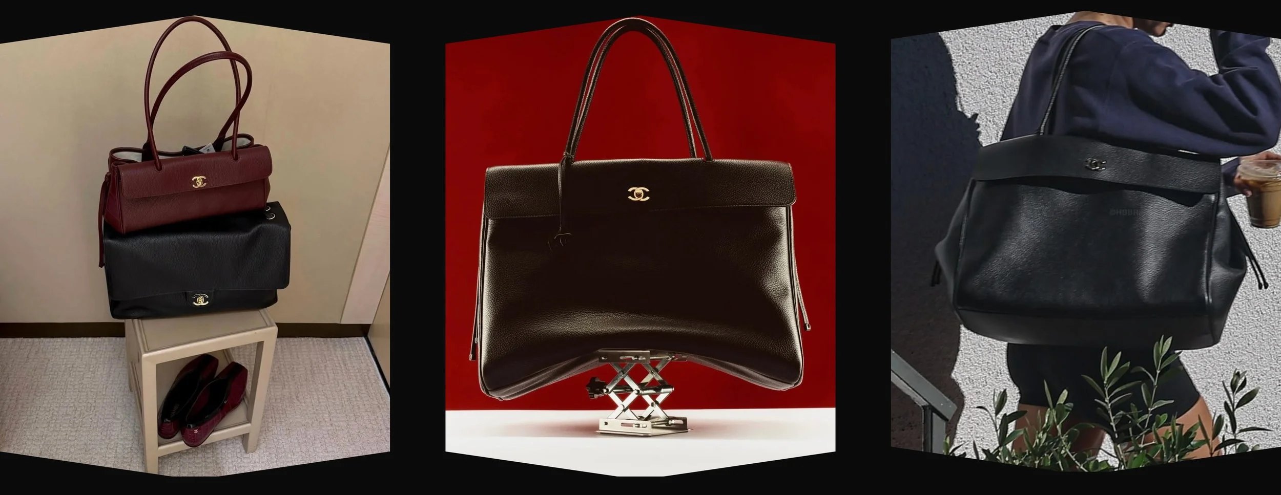 Chanel Small and Large Shopping Bags for Spring Summer 2026 in burgundy, black, and dark brown leather with oversized structured silhouettes.