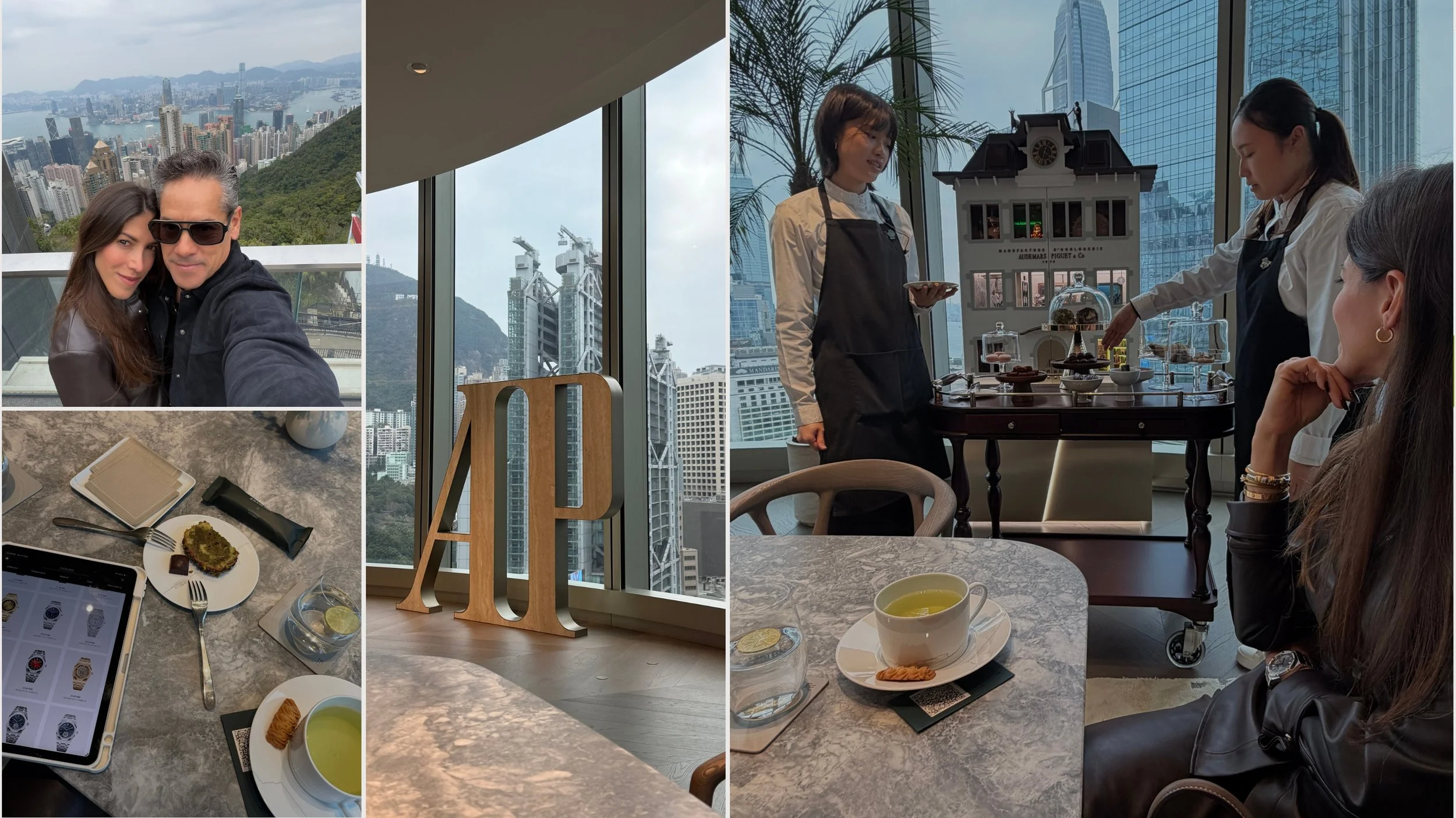 Collage from a visit to the Audemars Piguet House in Hong Kong at The Henderson, featuring city views, tea service, desserts, and the signature sweets cart overlooking the Central skyline.