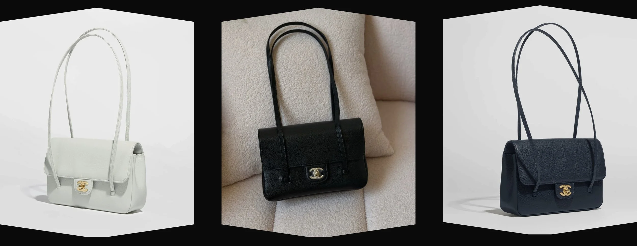 Chanel Coco Preppy flap bags for Spring Summer 2026 in black, white, burgundy, and multicolor leather featuring softer lines and relaxed modern silhouettes.
