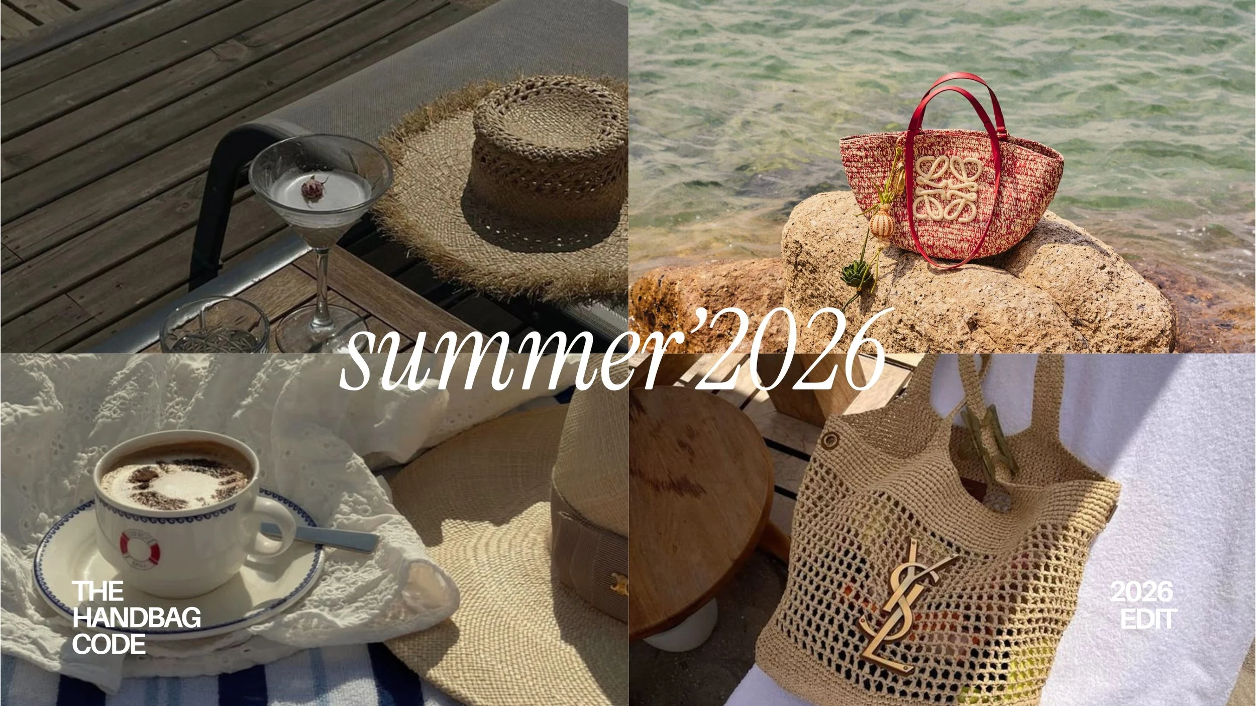 Summer 2026 luxury handbag mood board featuring raffia designer bags, woven textures, Mediterranean-inspired styling, beachside details, and relaxed summer fashion aesthetics.
