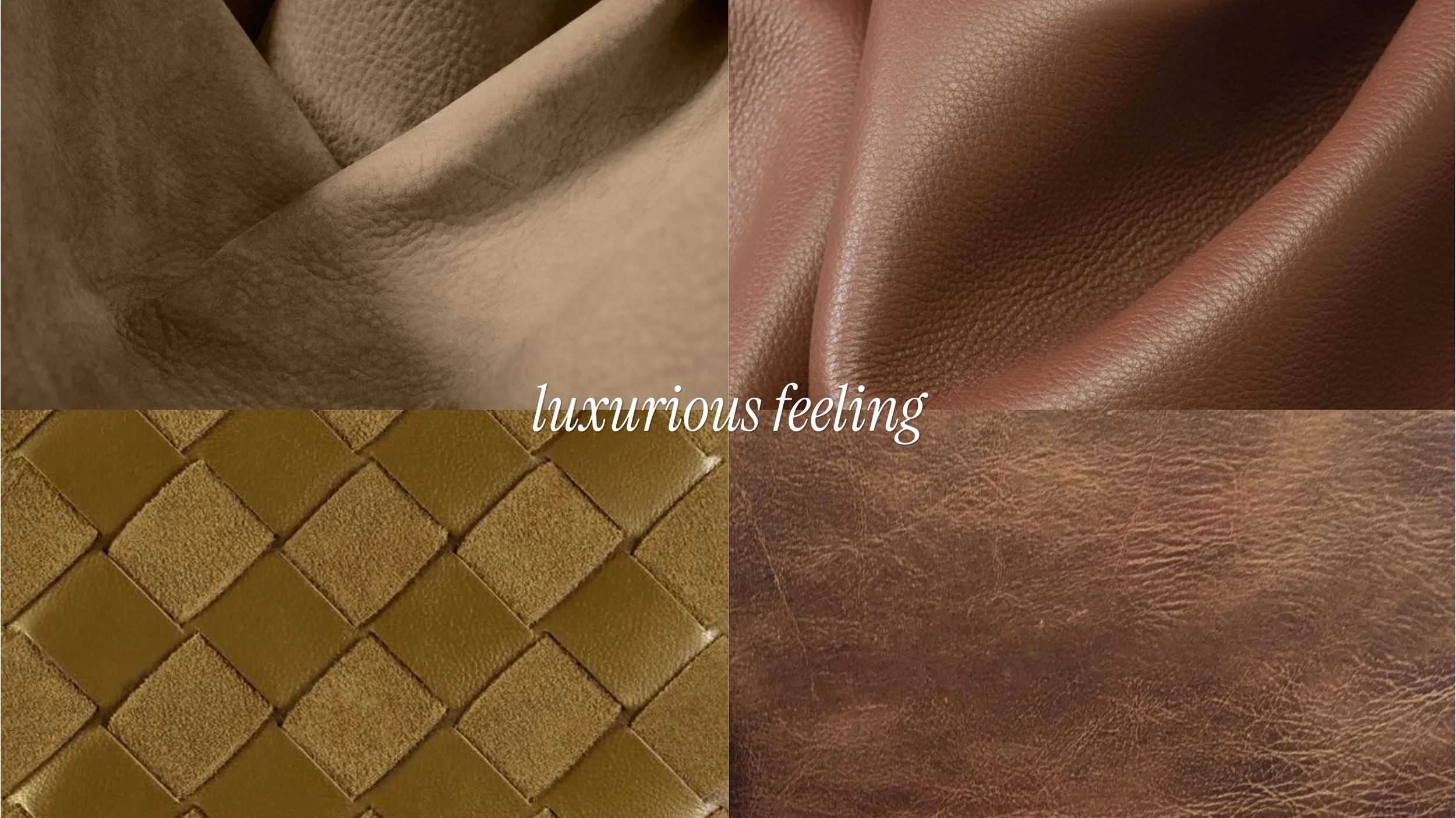 Collage showcasing different luxury handbag leather textures and finishes, including suede, woven leather, grained leather, and smooth calfskin in warm neutral tones.