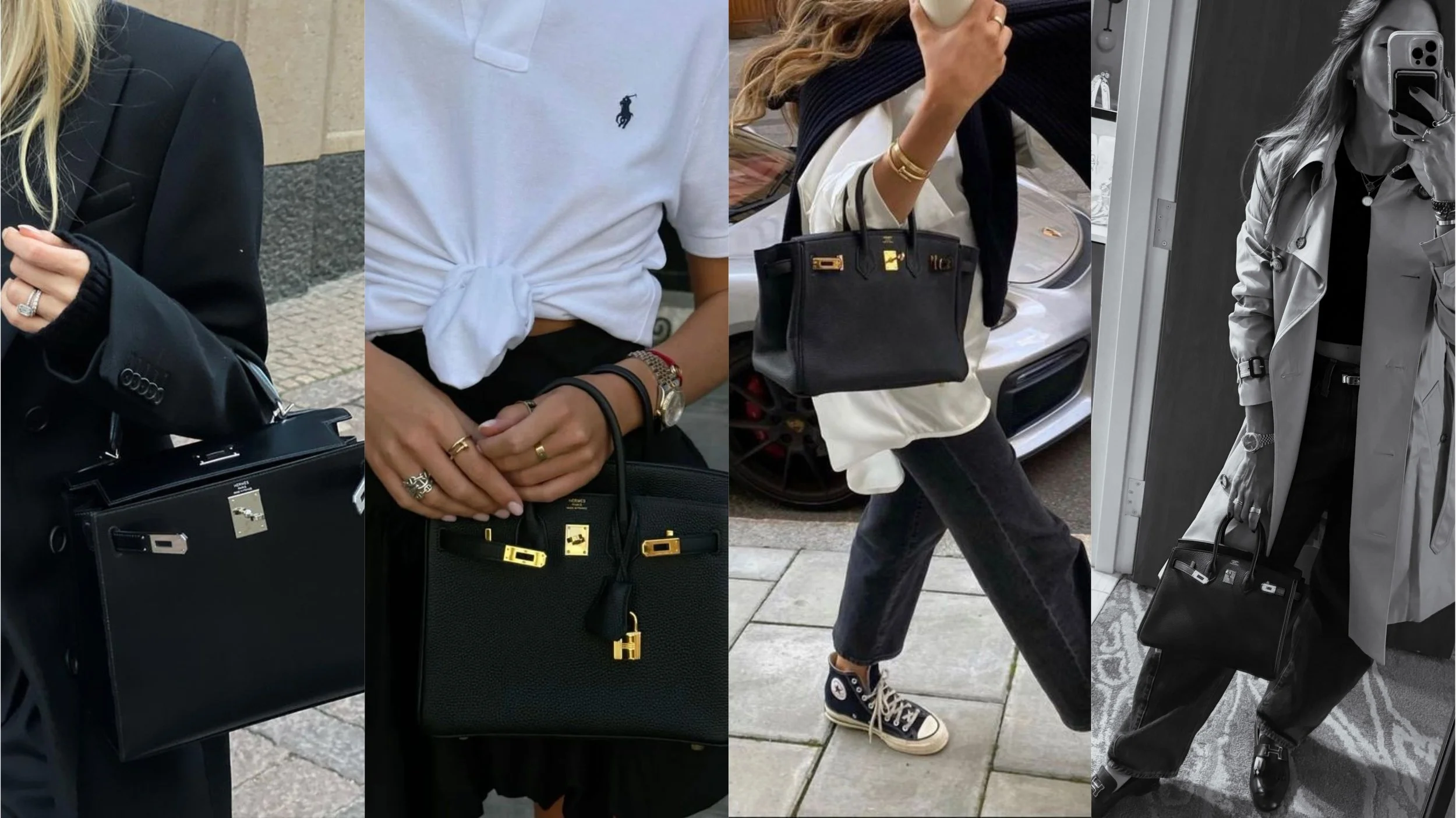 Hermès Birkin bags in Noir paired with monochromatic outfits, showcasing the timeless elegance of Hermès' classic black leather.