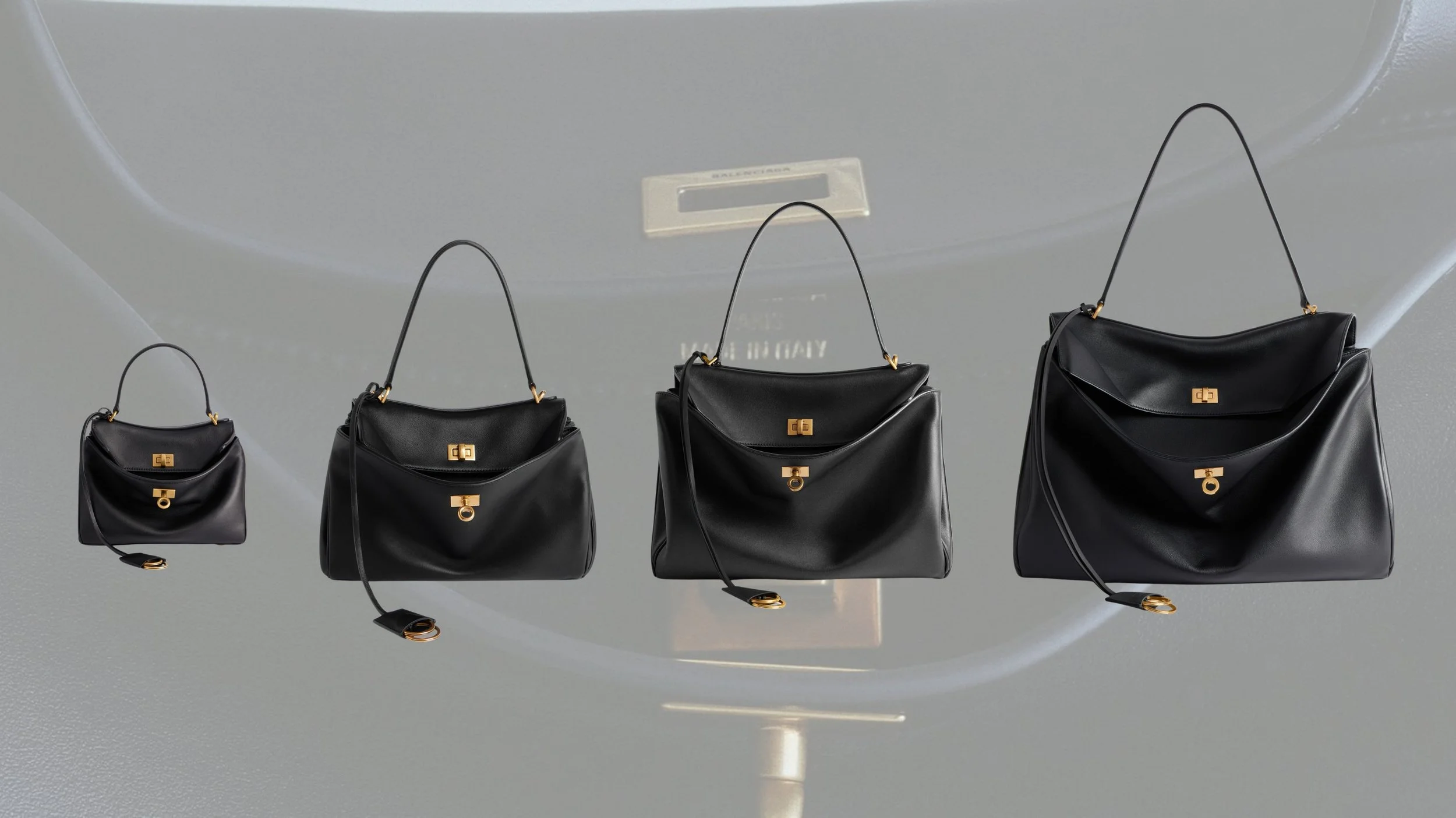 Comparison of the Balenciaga Rodeo bag in Mini, Small, Medium, Large, and XL sizes in black leather, showcasing the proportions and slouchy silhouette of each model.