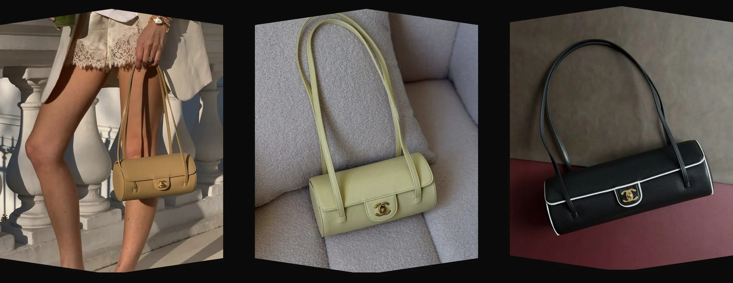 Chanel east-west bowling bags for Spring Summer 2026 in beige, pastel yellow, black, white, and navy leather with elongated silhouettes and gold hardware.