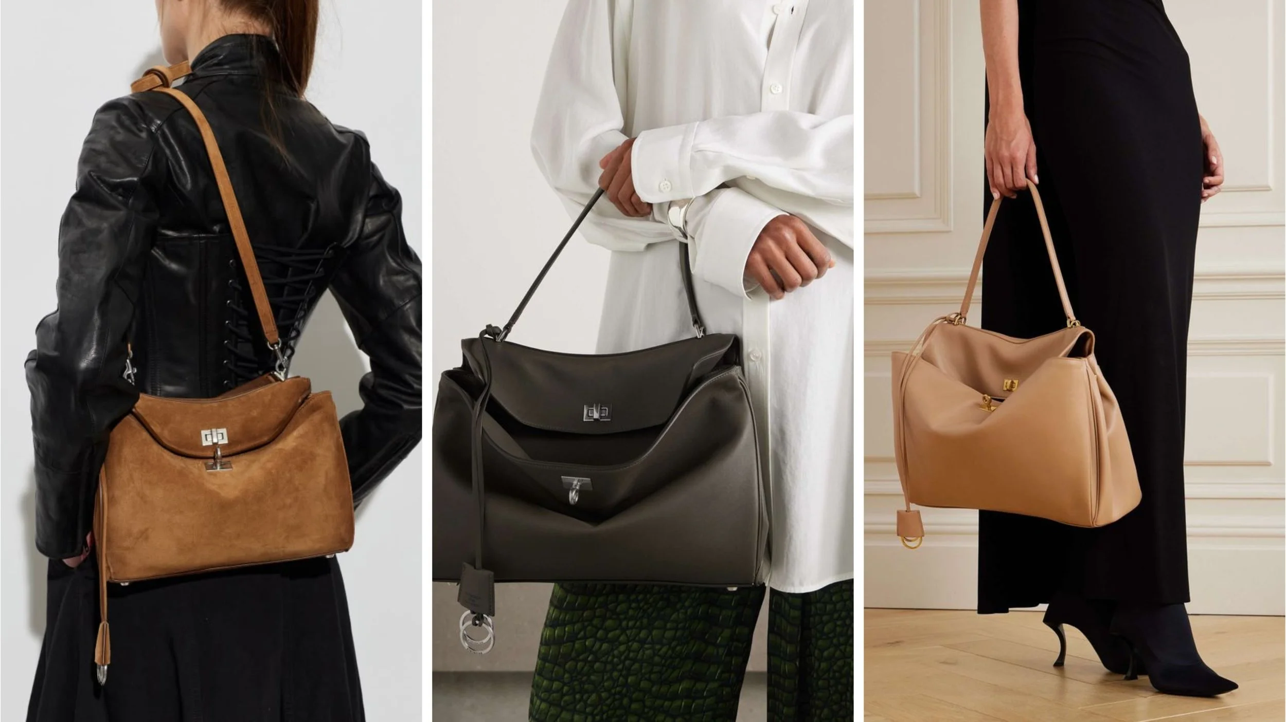 Three Balenciaga Rodeo bags featuring different leather finishes and hardware combinations, including camel suede with silver hardware, black smooth leather with silver hardware, and beige leather with gold hardware.