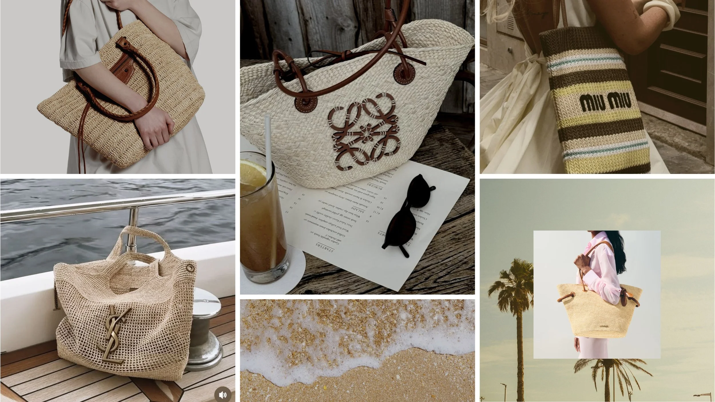 Collage of luxury raffia and woven designer bags for Summer 2026 including Loewe, Saint Laurent, and Miu Miu styles with beach and Mediterranean-inspired fashion imagery.
