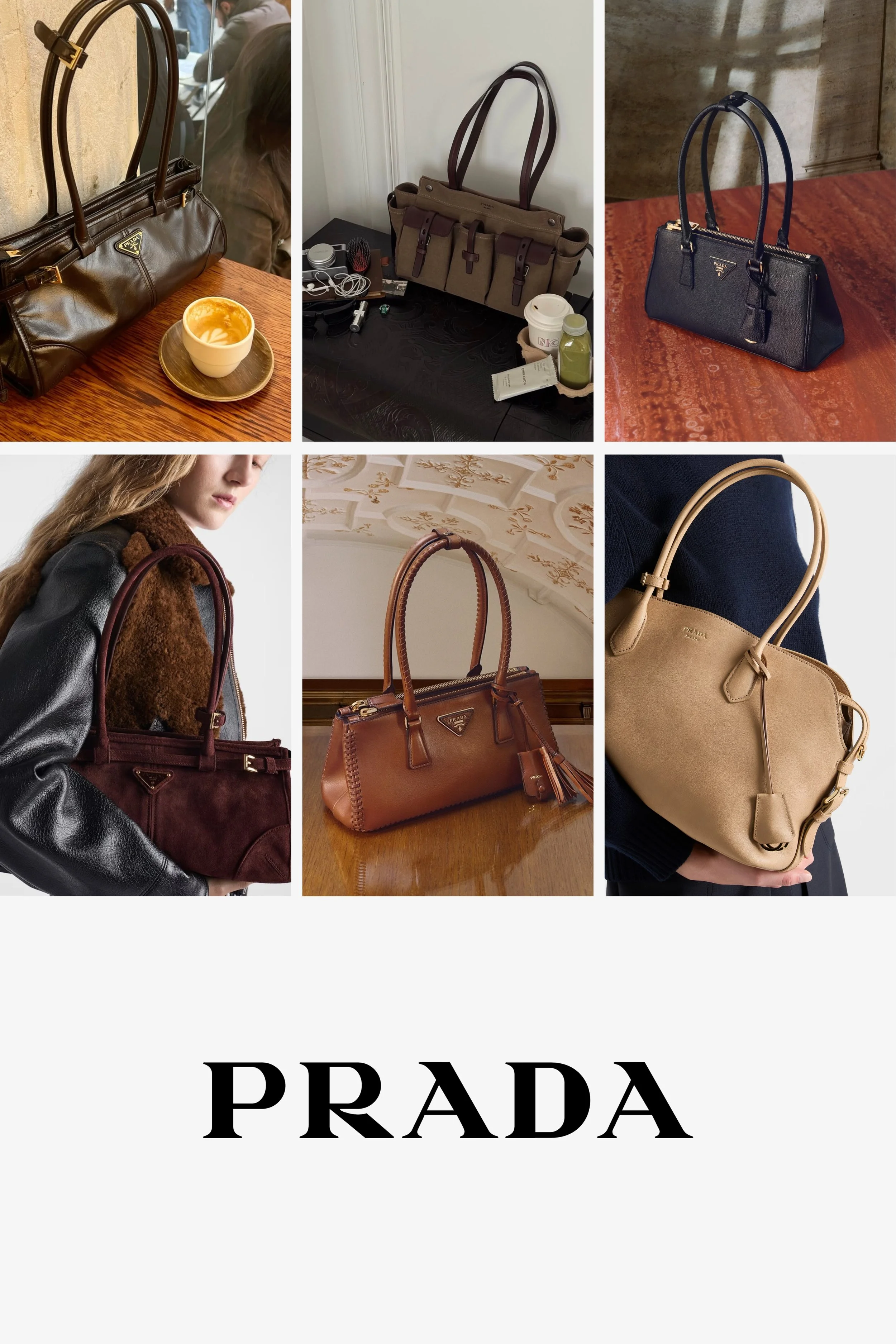 Prada quiet luxury handbags in 2026 featuring the Bonnie, Route, and Galleria bags with refined leather textures and elegant silhouettes.