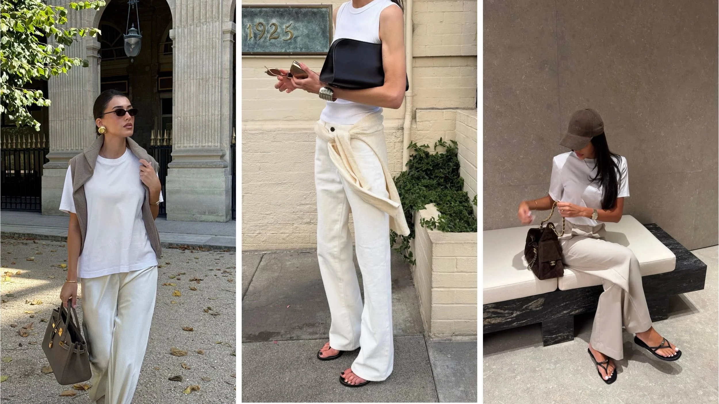 Simple summer outfits with neutral tones styled with designer handbags, including a taupe Birkin, black shoulder bag, and brown suede Chanel bag.