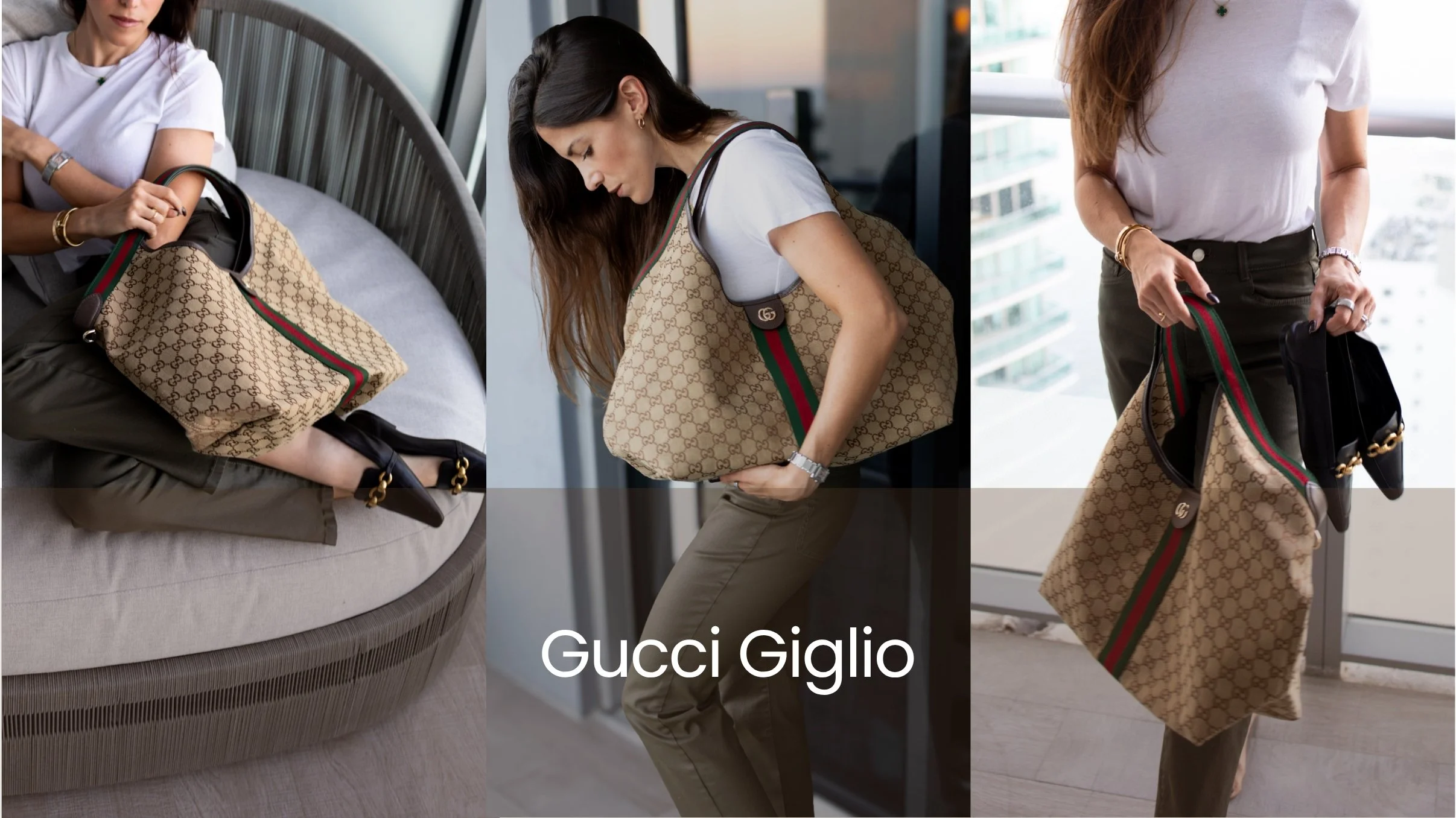 Gucci Giglio bag review showcasing oversized GG canvas shoulder bag with Web stripe detailing and luxury handbag styling inspiration