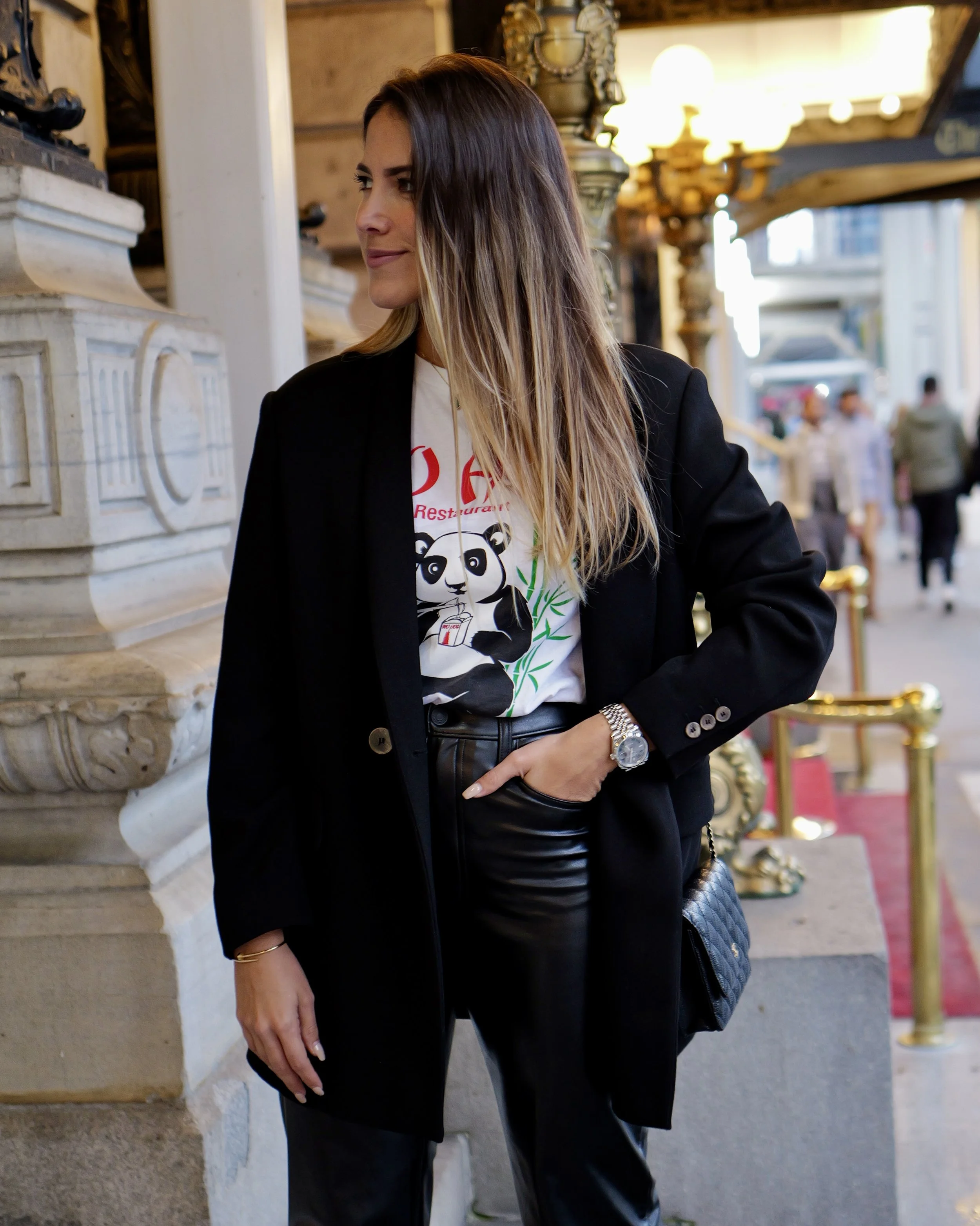 Barbara Jarrin in black blazer and leather pants outdoors