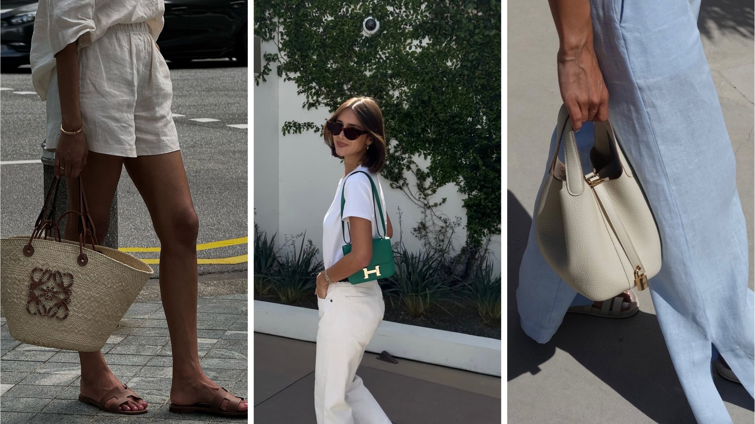 Minimal summer outfits paired with designer handbags including a black Hermès Birkin, a white leather bucket bag, and neutral linen pieces.