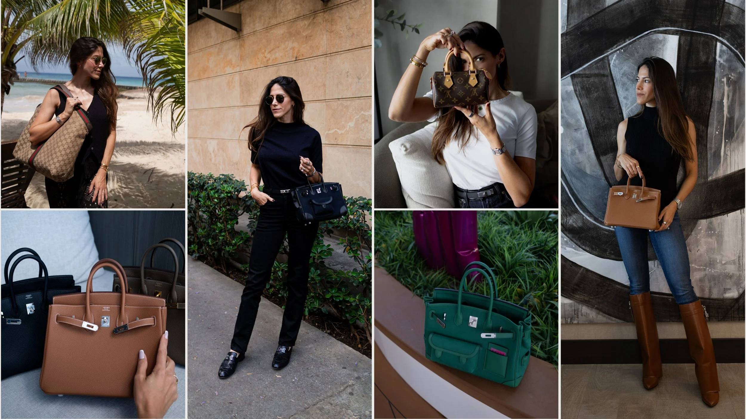 A collage of women with designer handbags in different settings, including a beach, urban area, and indoor locations, showcasing various luxury handbags in different colors and styles.