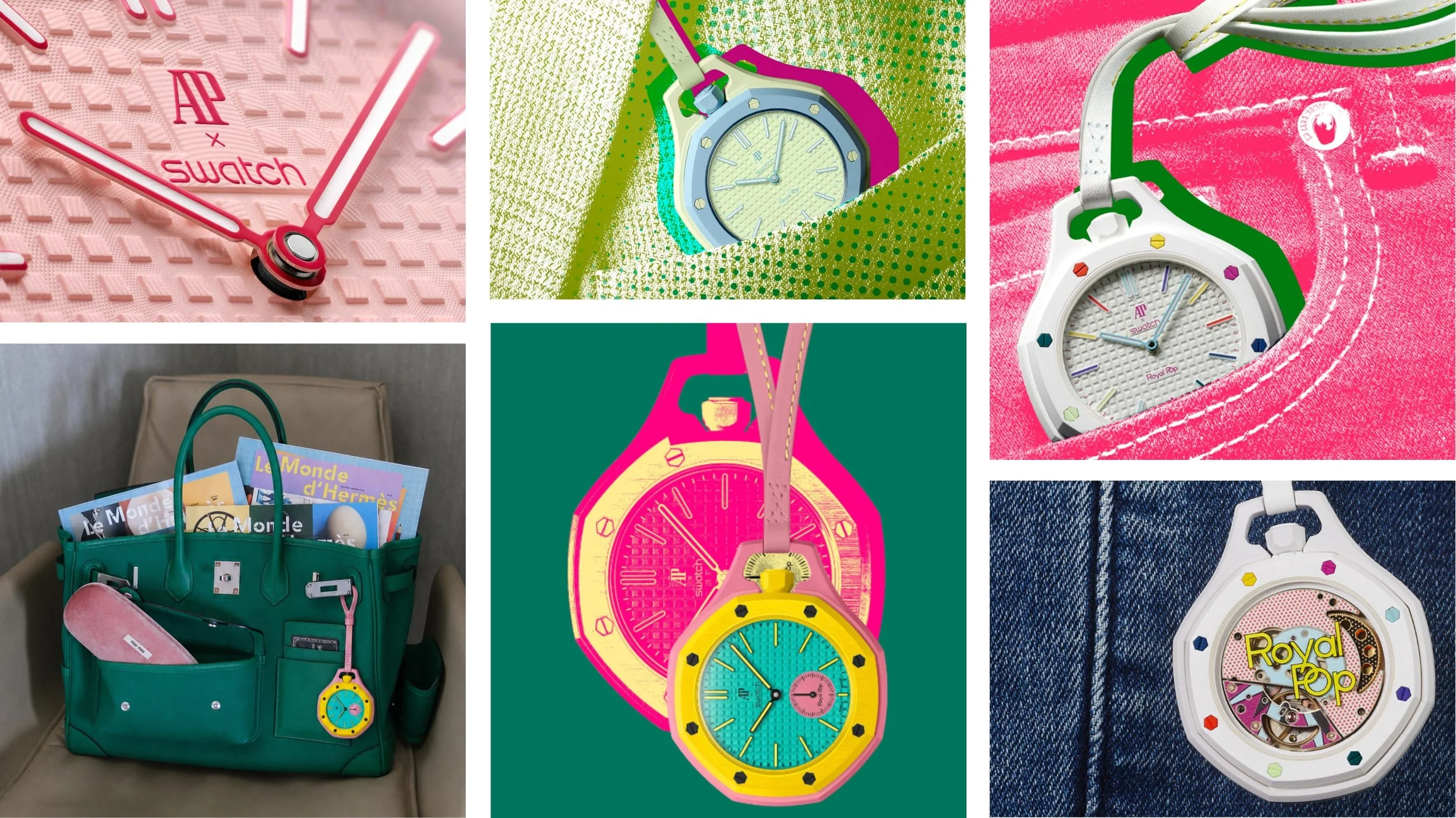 Colorful promotional collage featuring the Audemars Piguet x Swatch Royal Pop collection styled as wearable accessories and bag charms inspired by the Royal Oak design.