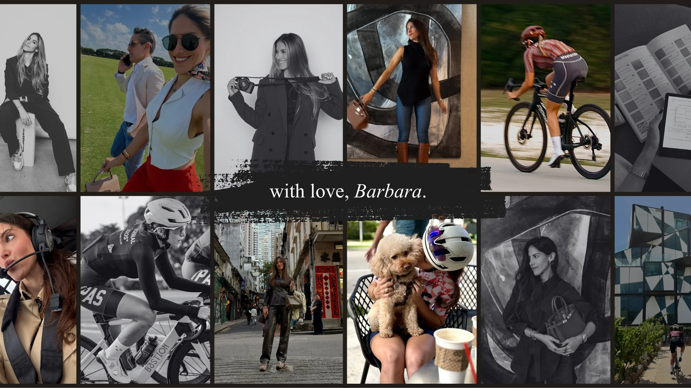 Lifestyle collage of Barbara Jarrin—cycling, travel, and everyday moments, with “with love, Barbara”