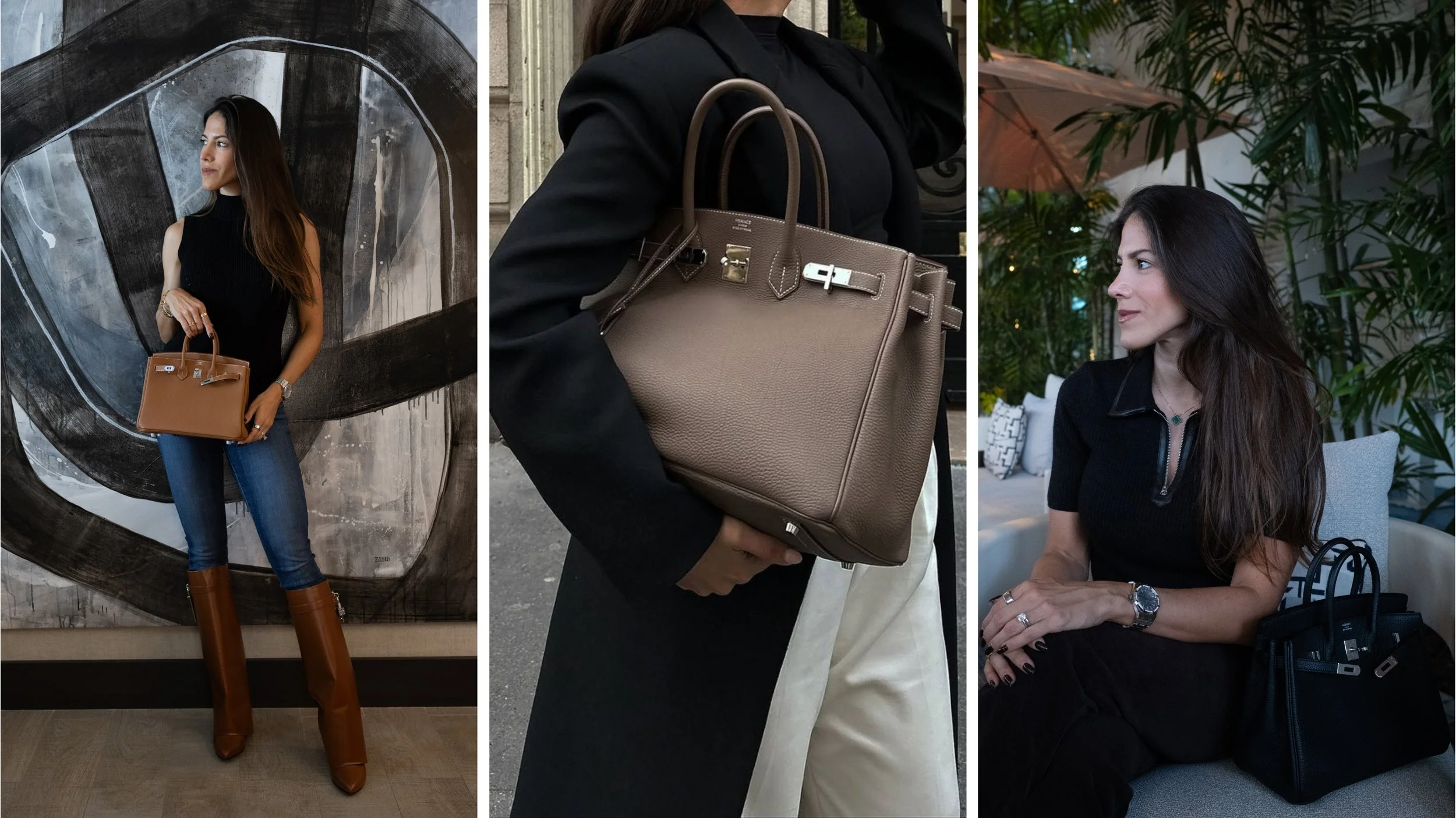 Comparison of Hermès Birkin 25 bags in Gold, Etoupe, and Noir, styled with different outfits to showcase the three iconic Hermès neutral colors.