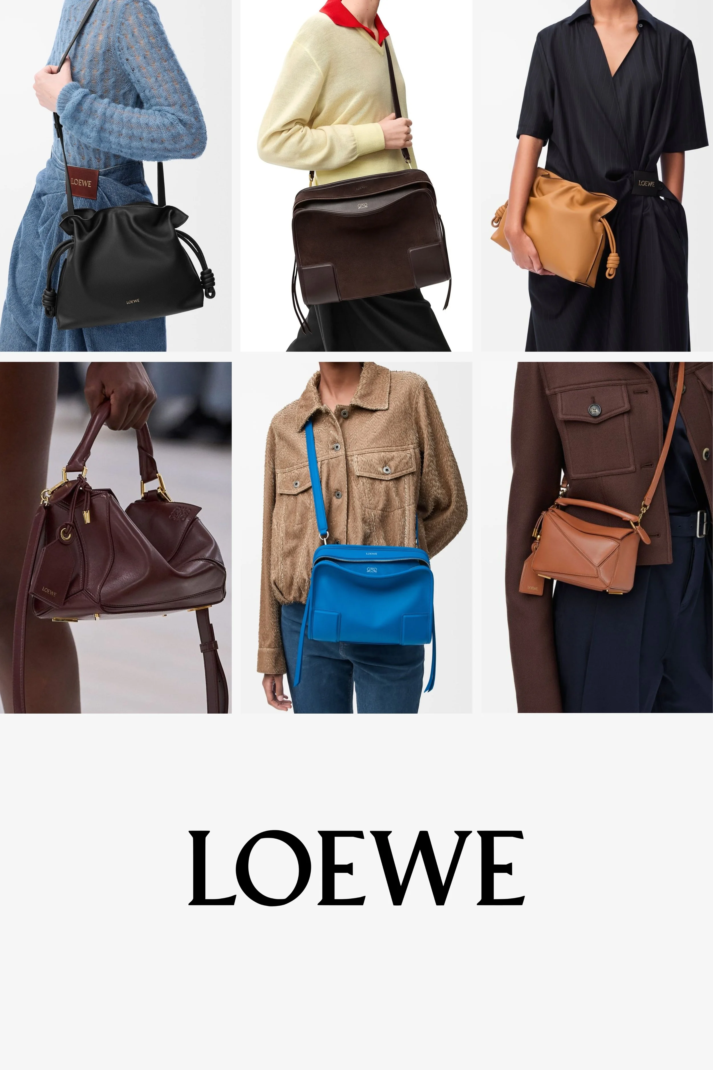 Loewe quiet luxury handbags in 2026 featuring the Puzzle, Flamenco, Amazona 180, and sculptural leather designer bag silhouettes.