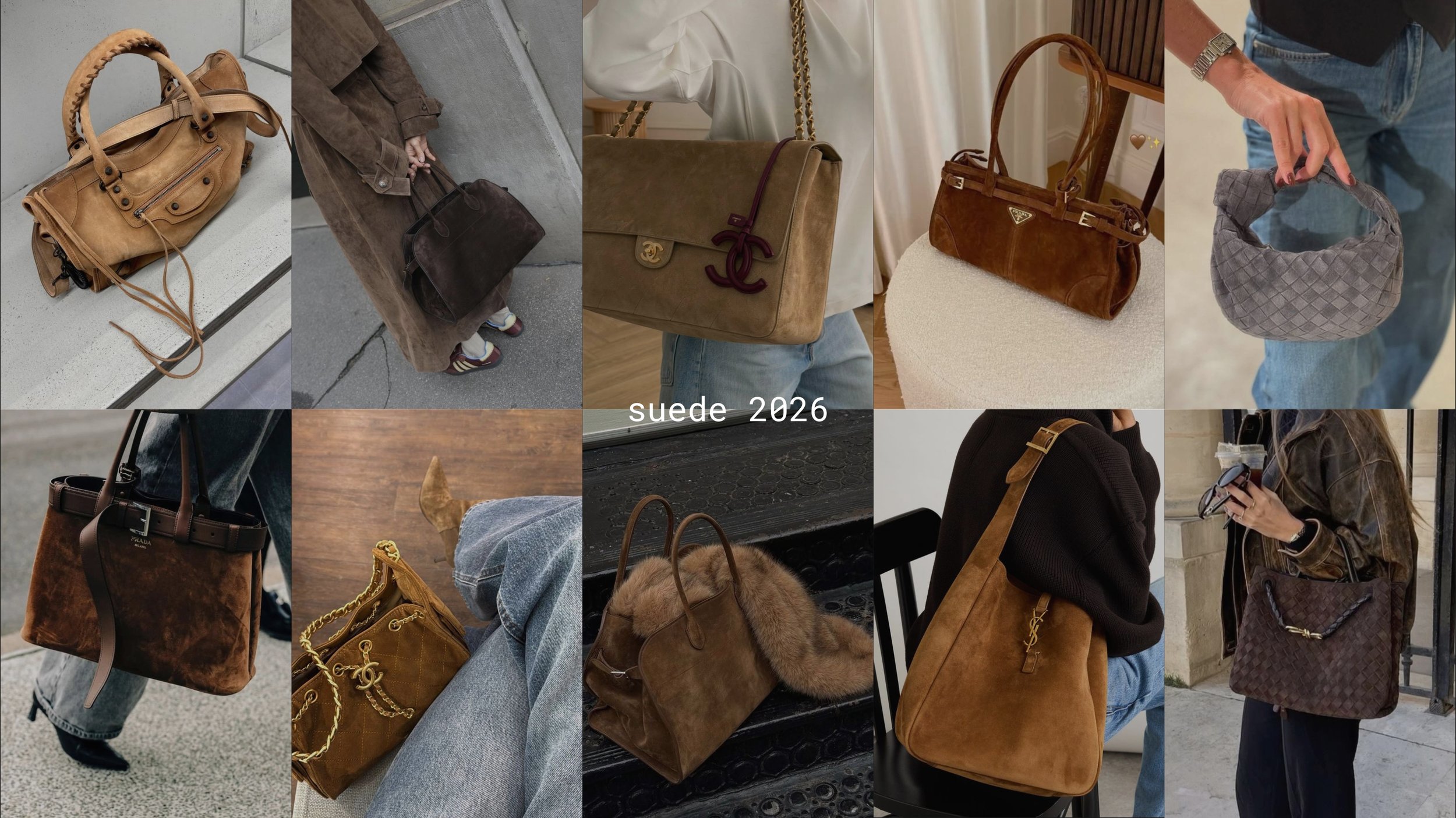 Collage of luxury suede handbags in warm brown, camel, taupe, and chocolate tones including Chanel, Balenciaga, Prada, Saint Laurent, and Bottega Veneta bags styled with relaxed everyday outfits for a 2026 suede bag trend editorial.