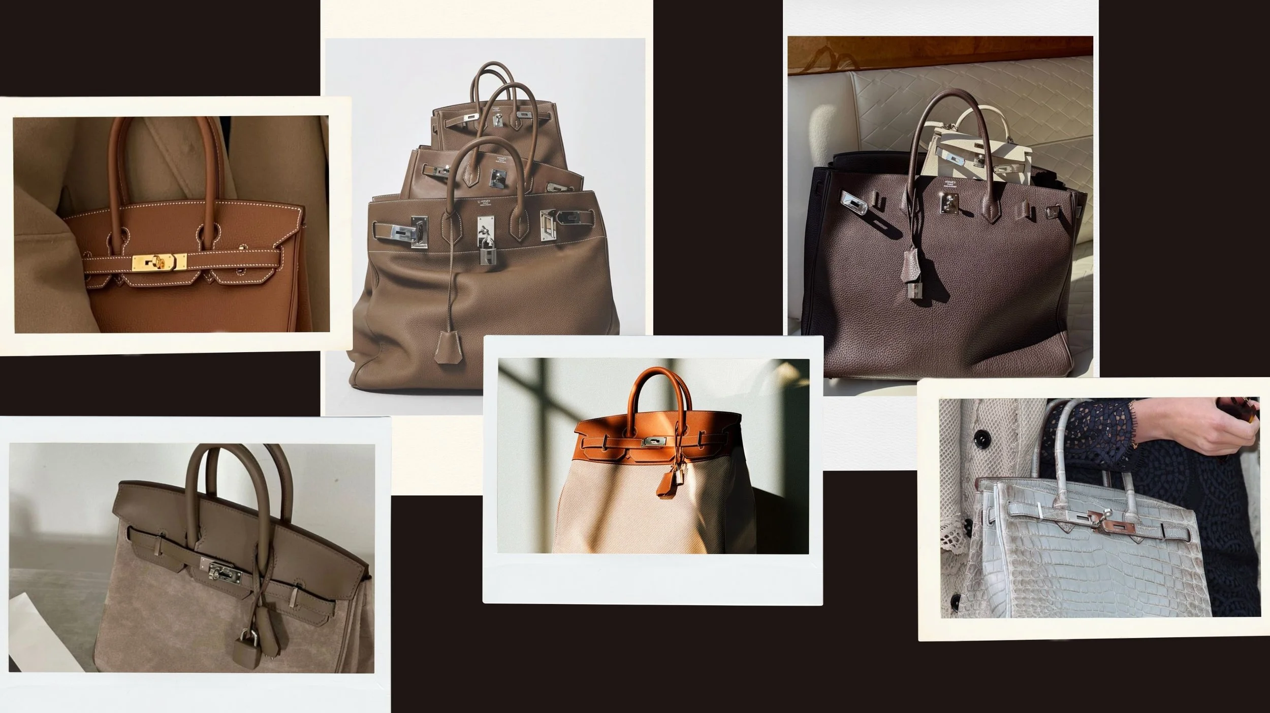 Different Hermès Birkin sizes, leather types, and iconic Hermès colors displayed in a luxury handbag collection