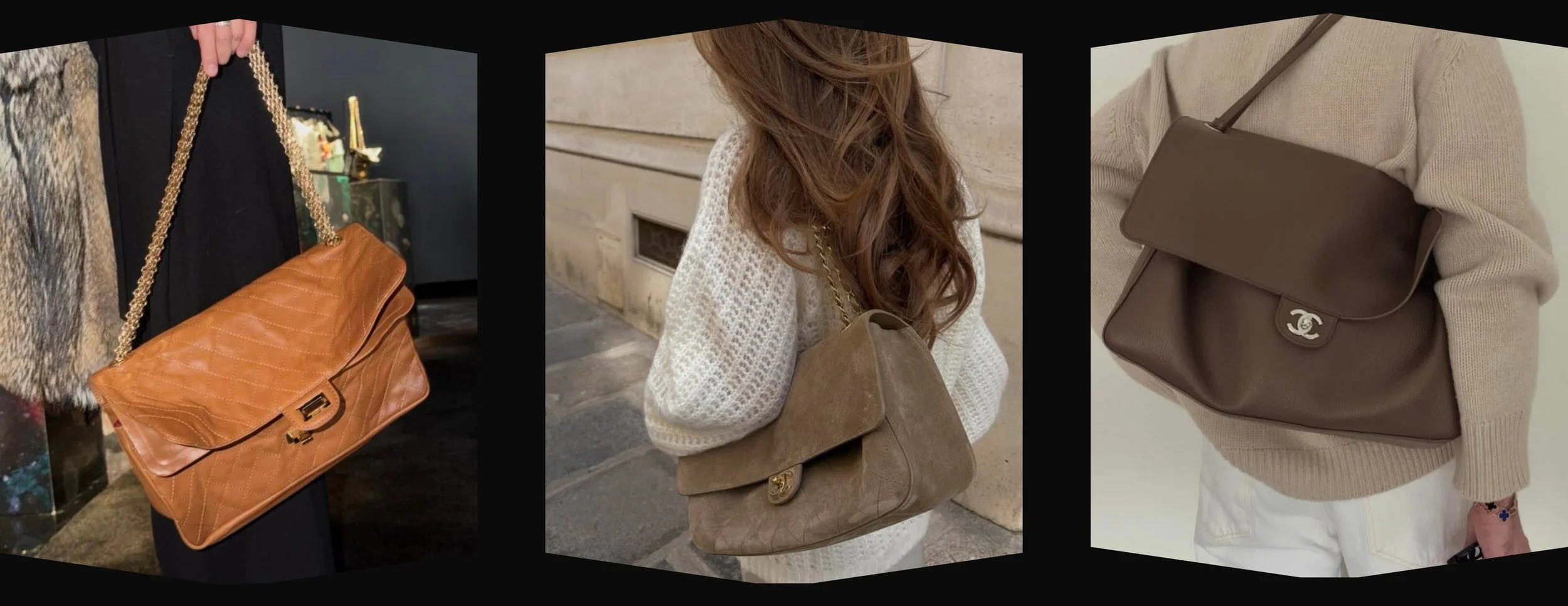 Oversized Chanel Maxi Flap bags in caramel leather and taupe suede styled with relaxed silhouettes and gold chain straps.