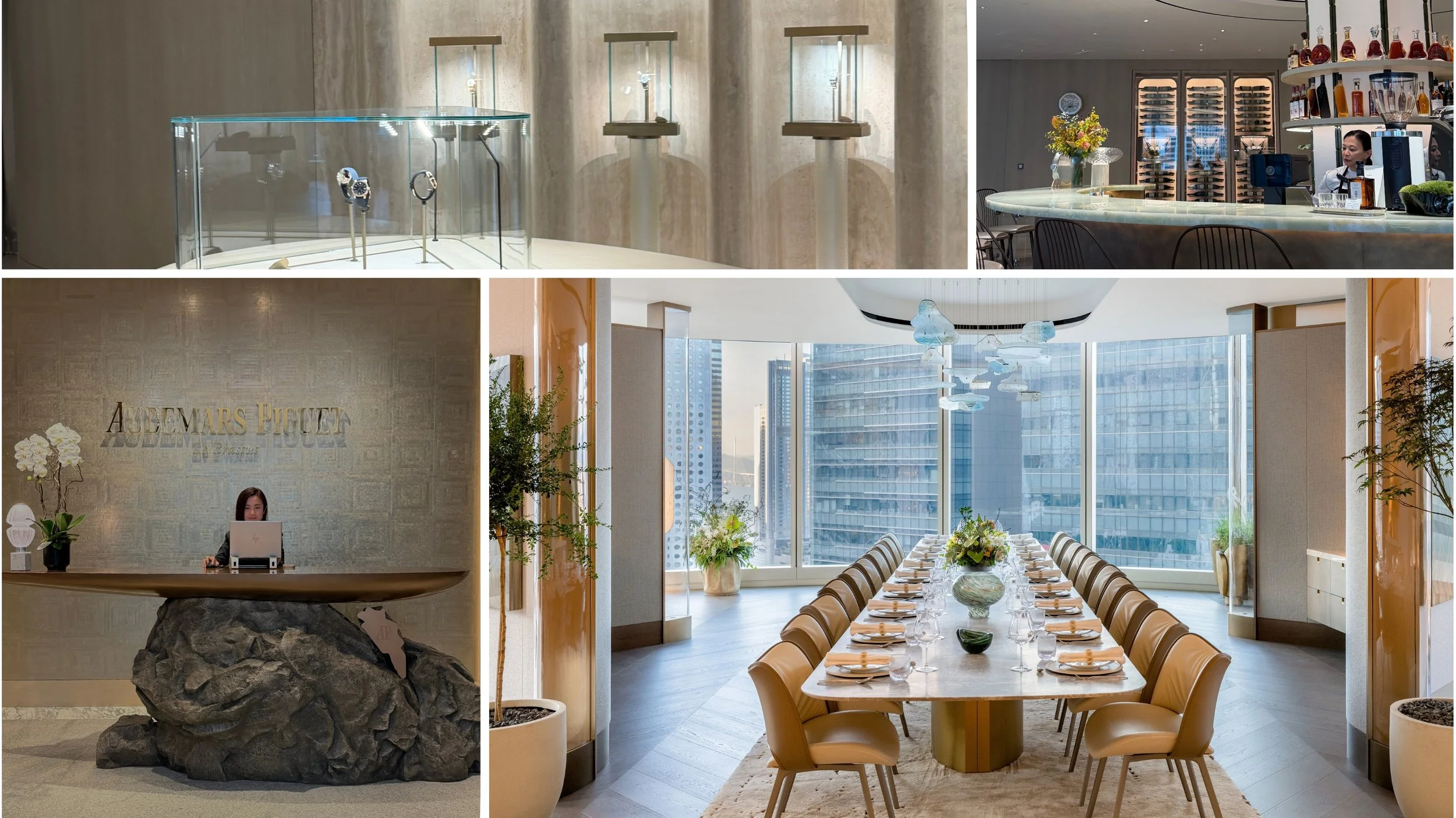 Interior details of the Audemars Piguet House in Hong Kong, including watch displays, the bar area, reception desk, and elegant dining room with panoramic views over Central.