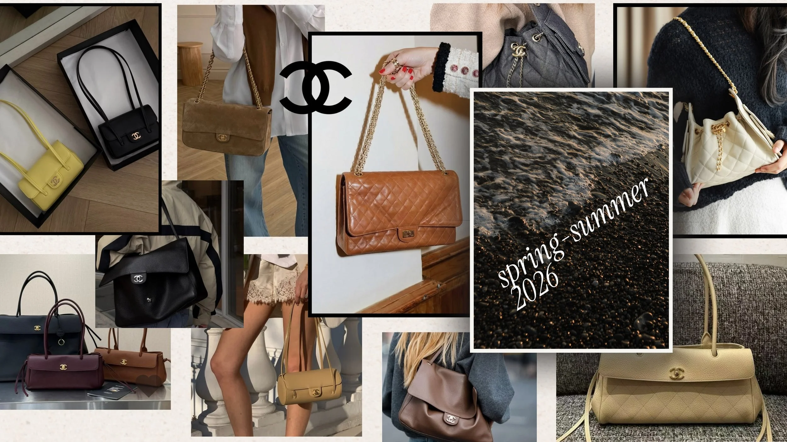 Collage of Chanel handbags for Spring Summer 2026 featuring the Maxi Flap, Chanel 25, Coco Preppy, shopping bags, and east-west silhouettes in suede, black, beige, burgundy, and pastel tones.