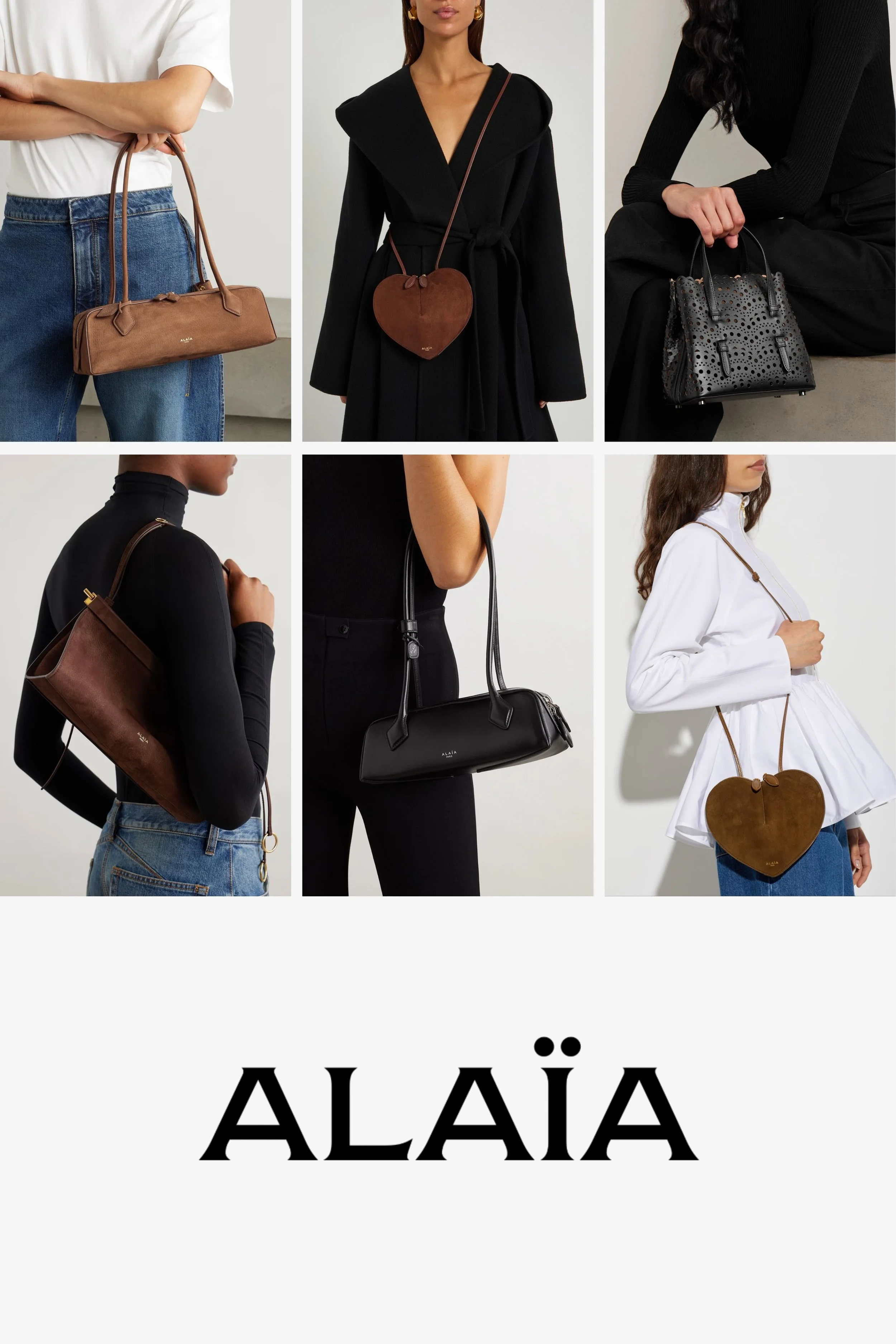 Editorial collage featuring Alaïa handbags including the Le Teckel bag and sculptural quiet luxury designer bags in 2026.