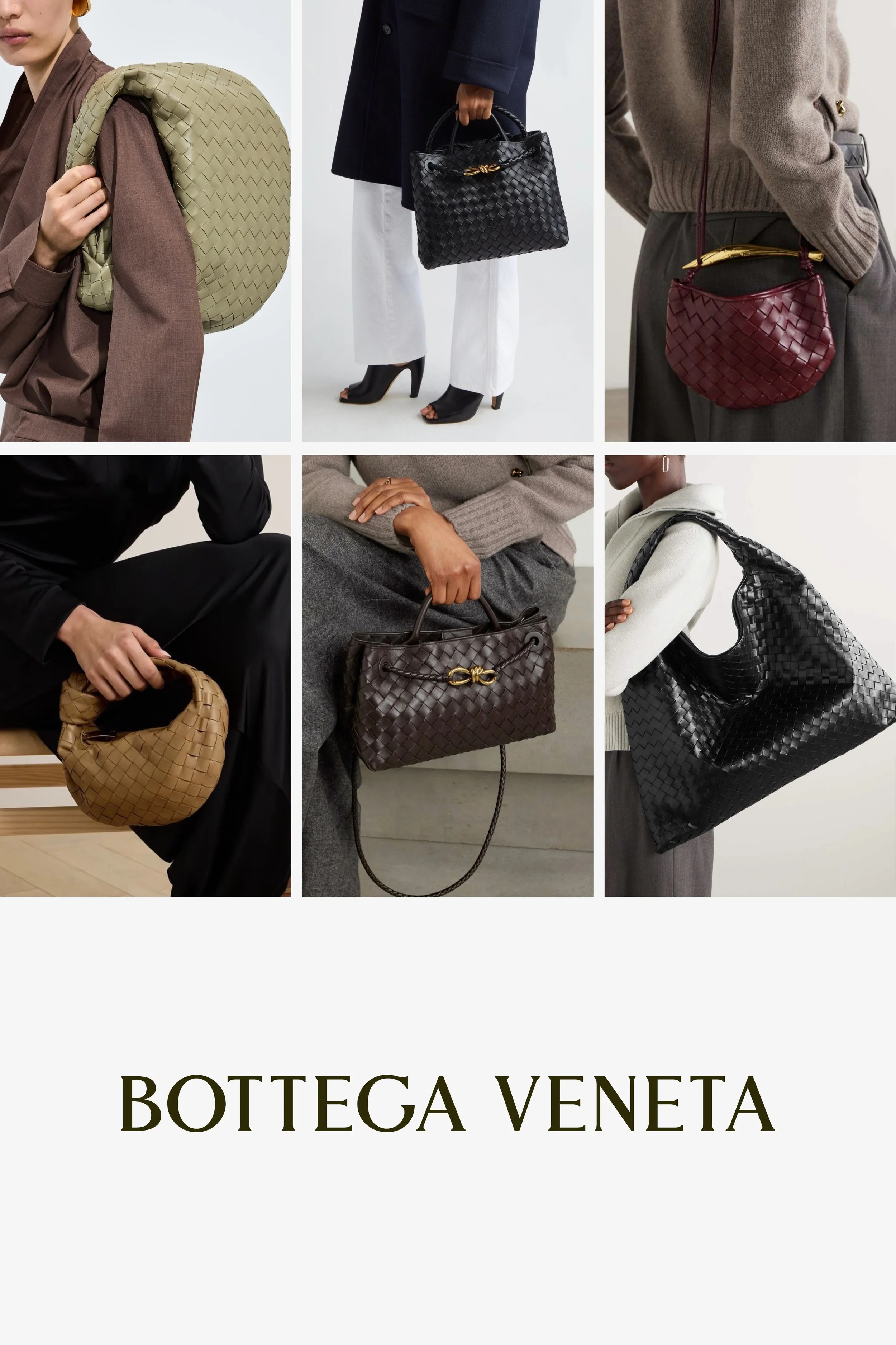 Bottega Veneta quiet luxury handbags featuring woven leather bags including the Andiamo, Hop, and Jodie styles in 2026.