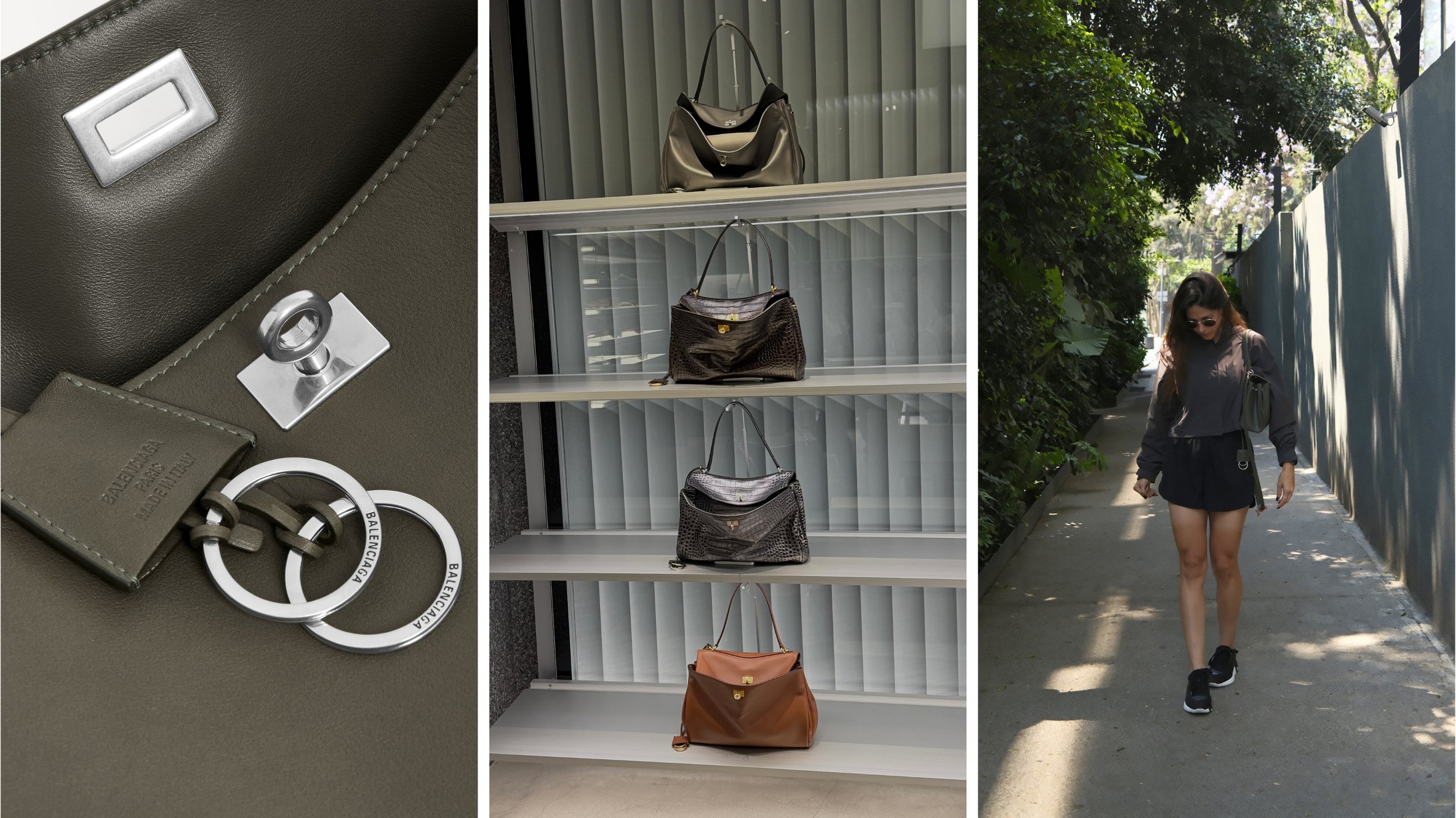 Close-up details of the Balenciaga Rodeo Small in khaki smooth calfskin with aged-silver hardware alongside boutique displays featuring crocodile-embossed and brown Rodeo bags, plus a casual outfit photo showing the bag worn for everyday use.