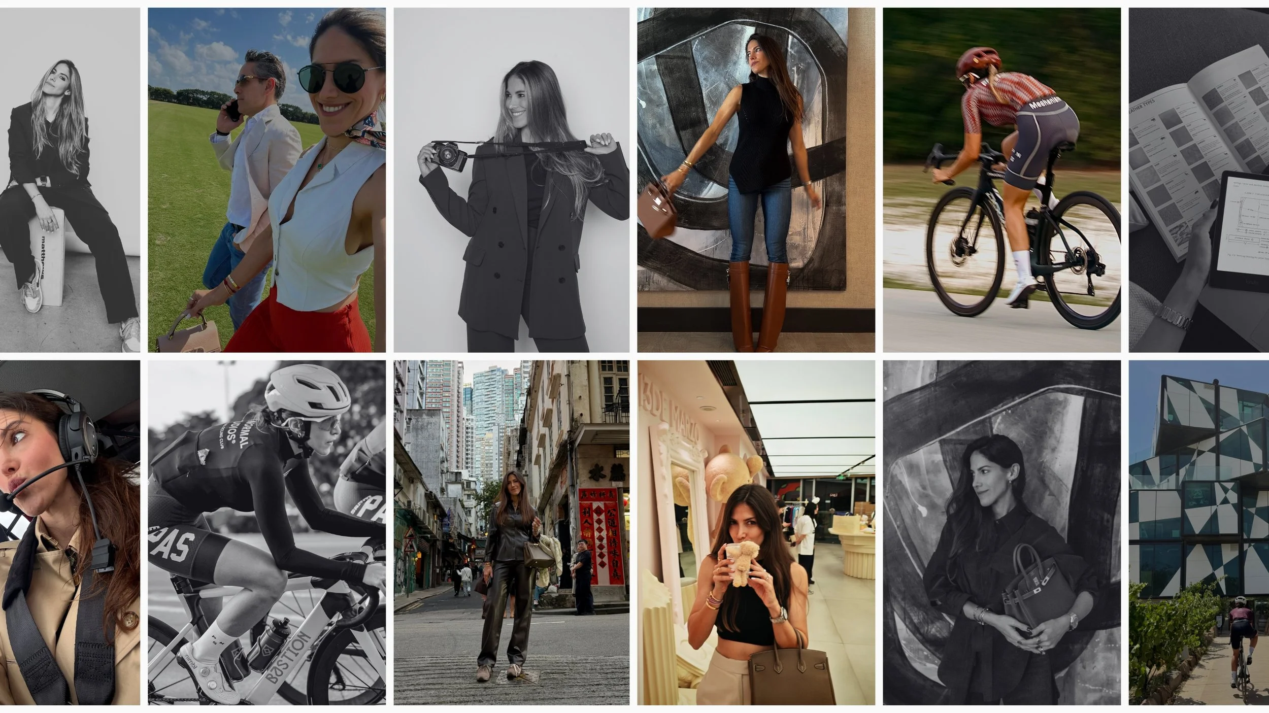 A collage of various women engaged in different activities, including posing for photos, walking in the city, cycling, working with a camera, and eating, with some images in black and white and others in color.