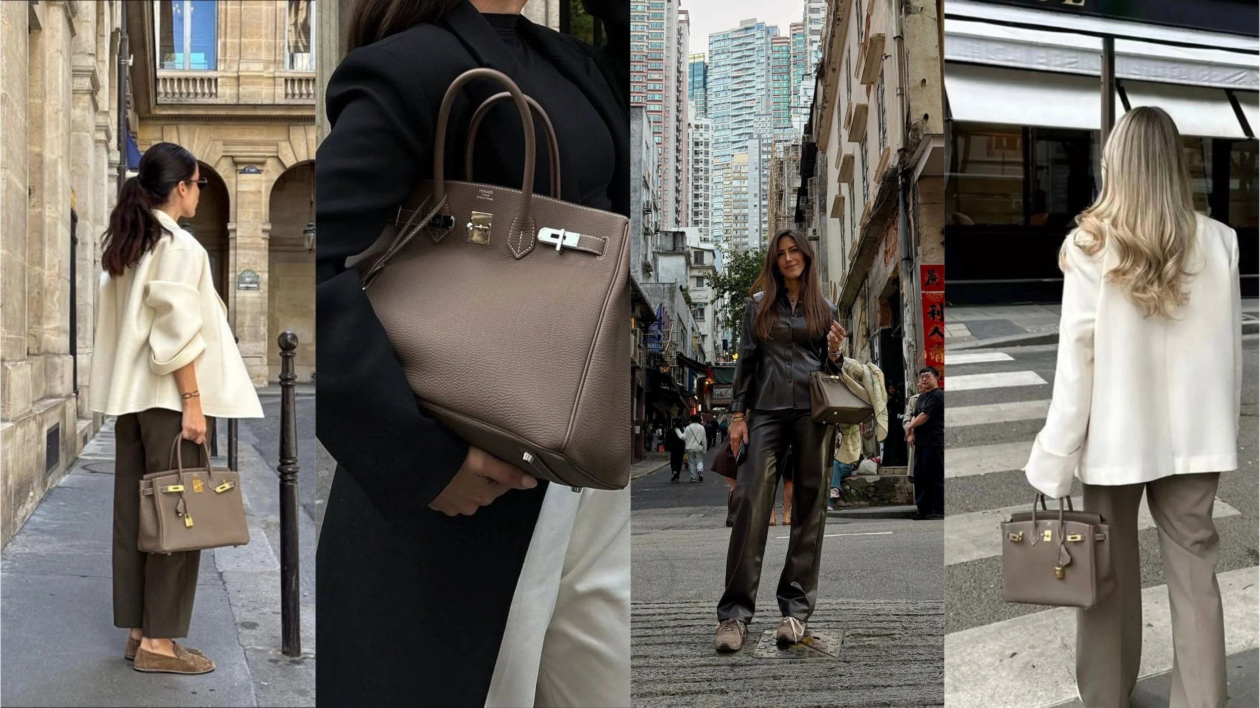 Hermès Birkin 25 in Etoupe styled with neutral outfits in Paris and Hong Kong, showcasing the versatility of this iconic taupe Hermès color.