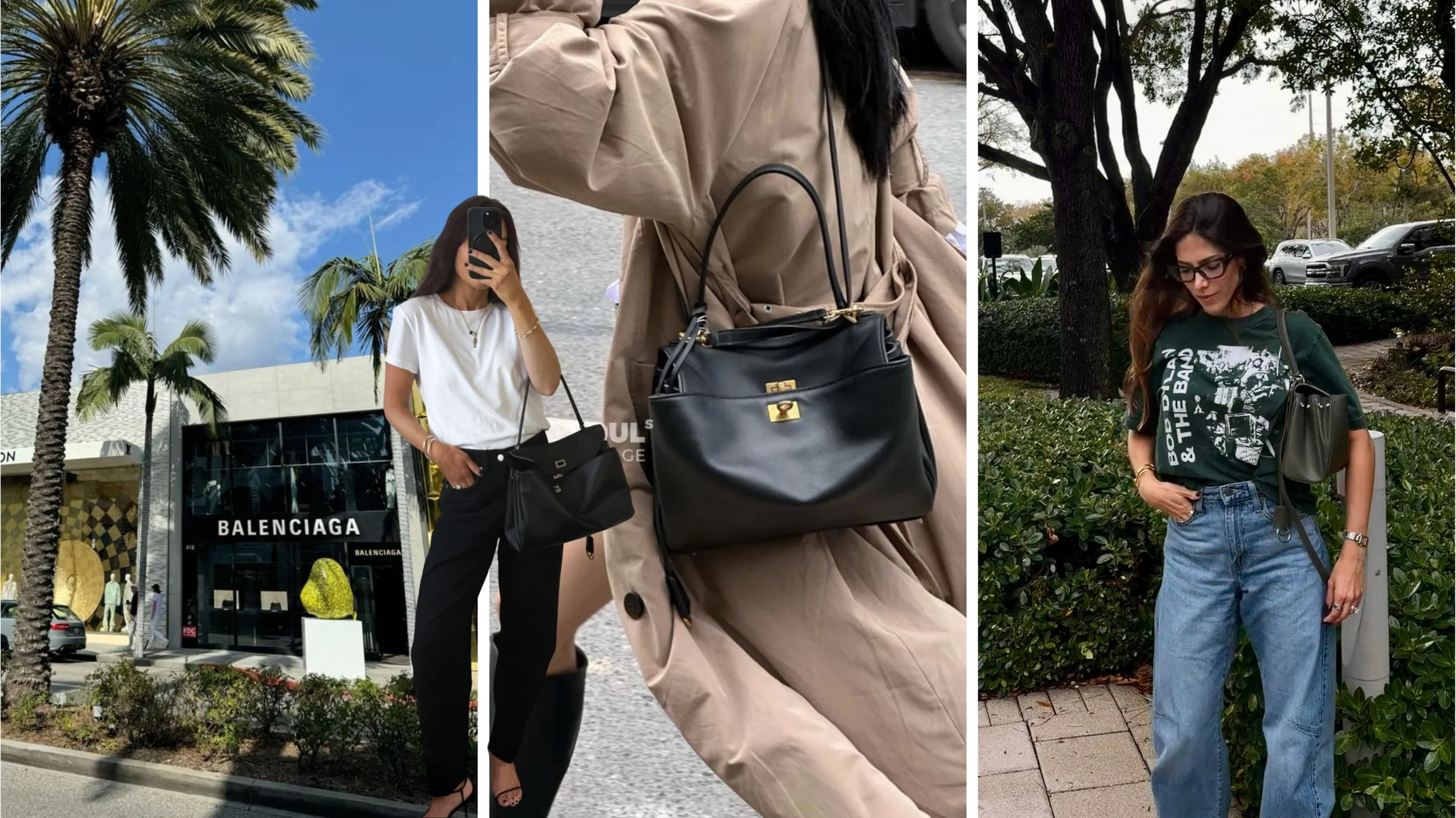 Collage featuring the Balenciaga Rodeo Small styled in everyday outfits, including a visit to the Balenciaga boutique, a trench coat look, and casual denim, showcasing how the bag fits effortlessly into a modern wardrobe.