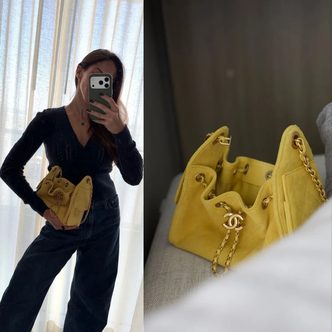 Editorial styling of the yellow Chanel 25 Mini Bag from the Cruise 2025/26 collection featuring suede calfskin, gold-tone hardware, and luxury handbag photography