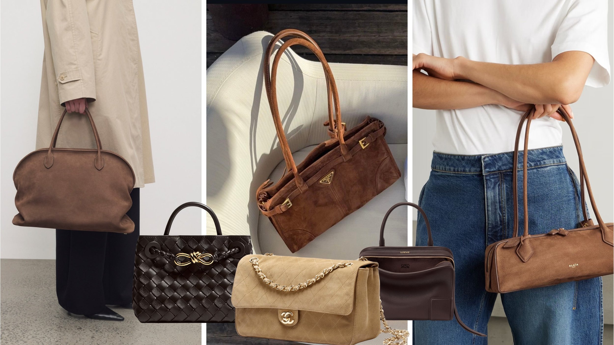 Collage featuring brown designer bags including The Row Margaux, Prada Bonnie in suede, Bottega Veneta Andiamo in Fondant, Chanel Maxi Flap in beige suede, Loewe Amazona 180 in dark chestnut, and Alaïa Le Teckel in brown leather.