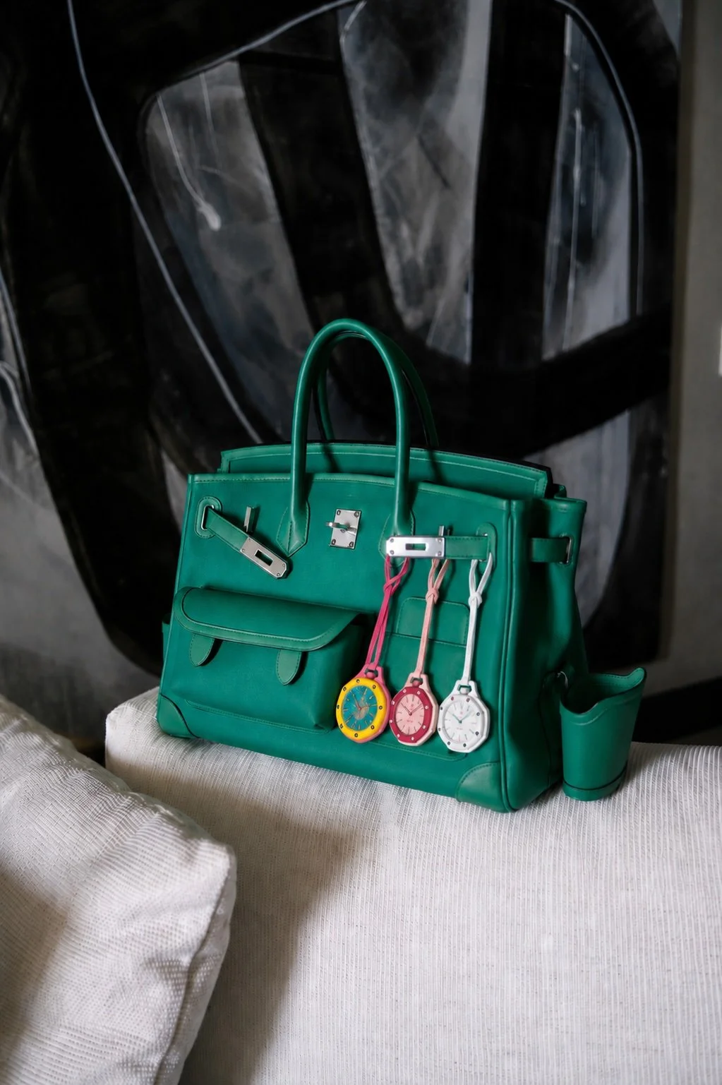 Green Hermès Birkin Cargo 35 handbag styled with colorful Audemars Piguet x Swatch Royal Pop pocket watch charms inspired by the Royal Oak design.